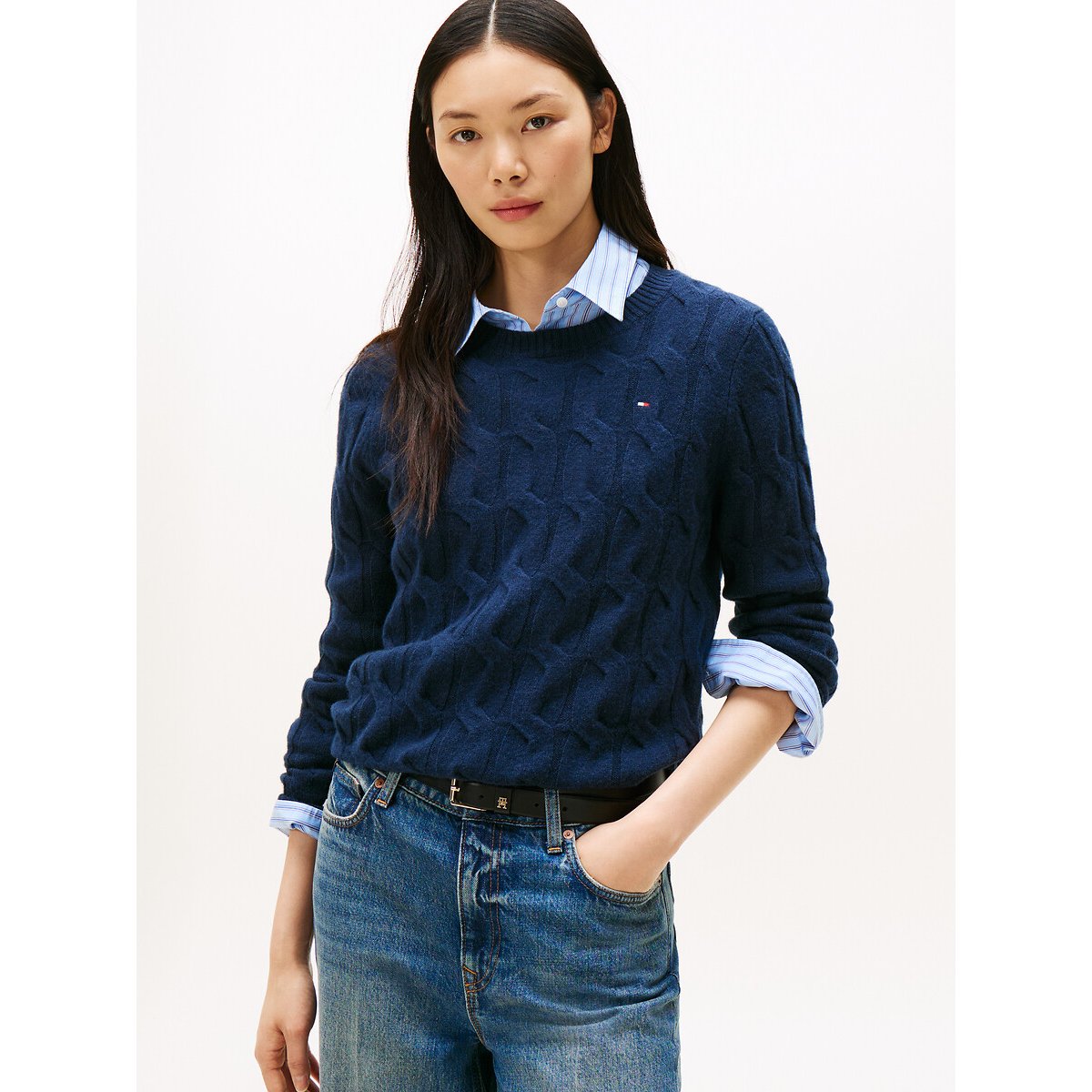Wool Crew Neck Jumper in Cable Knit navy, TOMMY HILFIGER