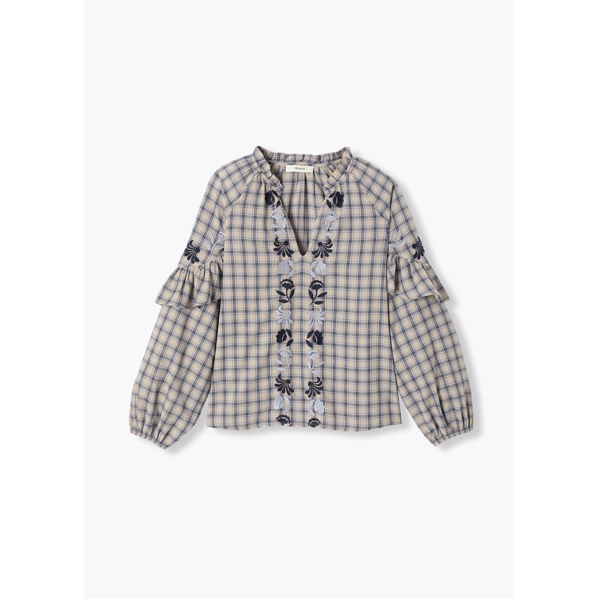 Blouse brodée à volants carreaux marine, PROMOD