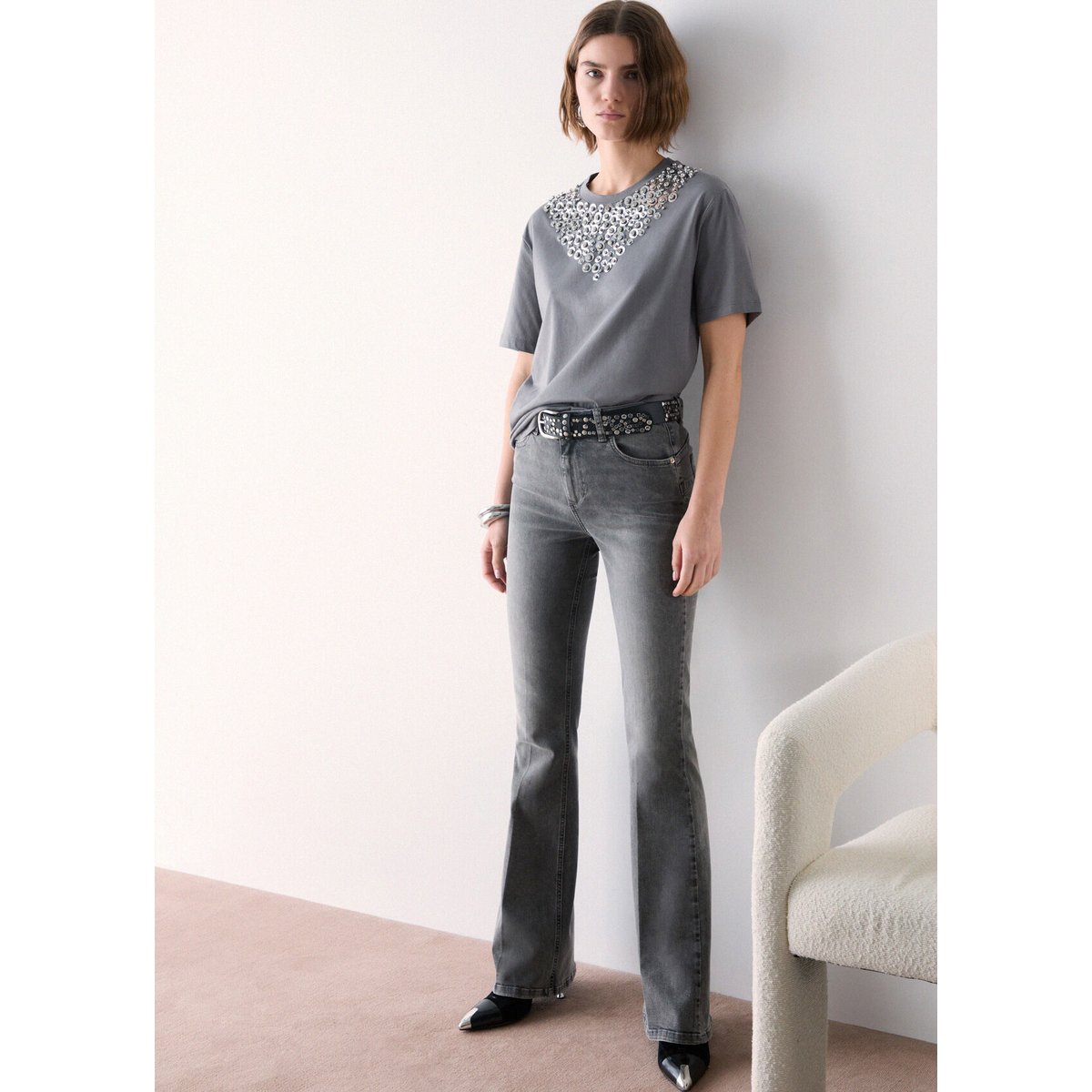 T-shirt avec broderies bijoux gris, LIU JO