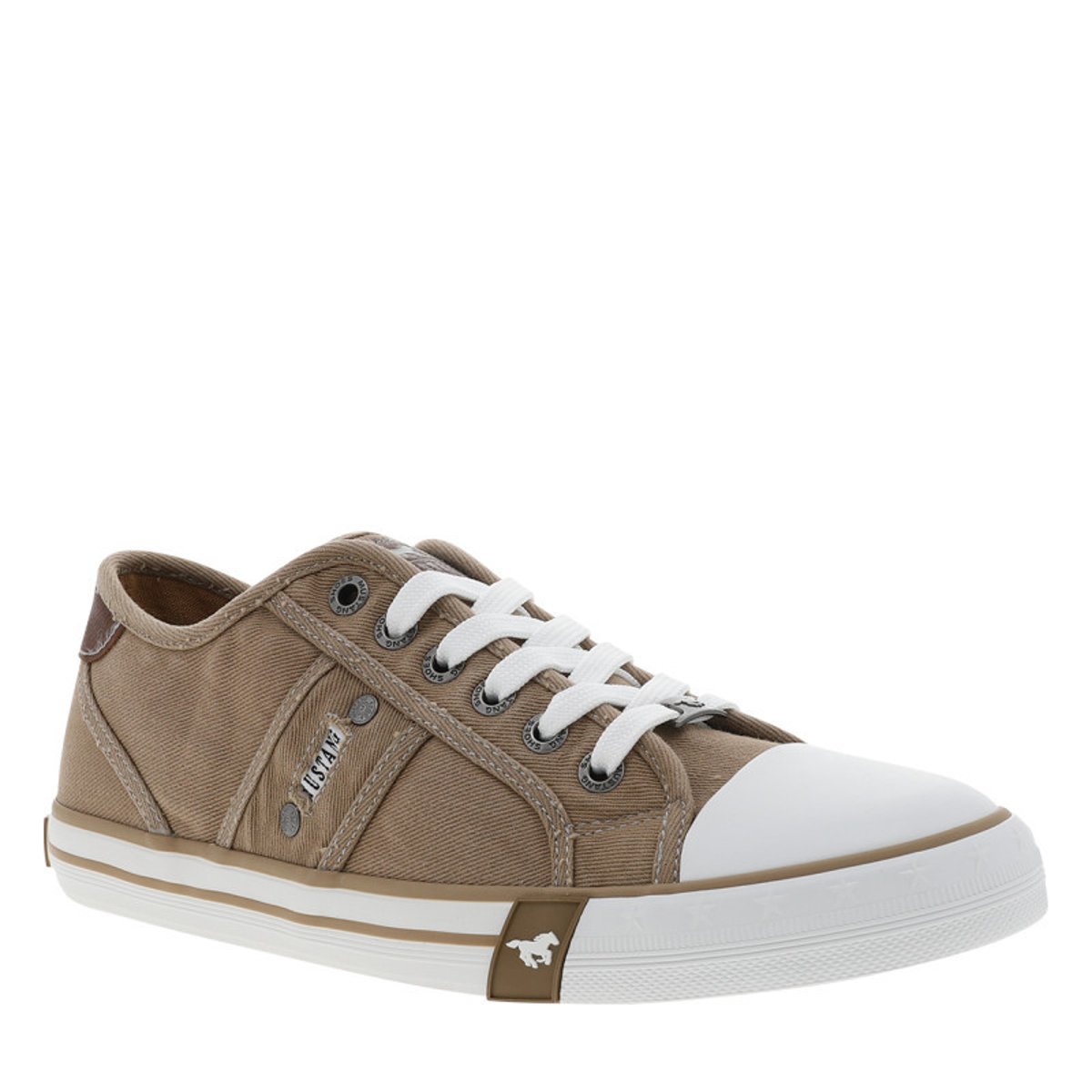 Tennis toile basse bleu marine avec un talon plat et des lacets beige, MUSTANG