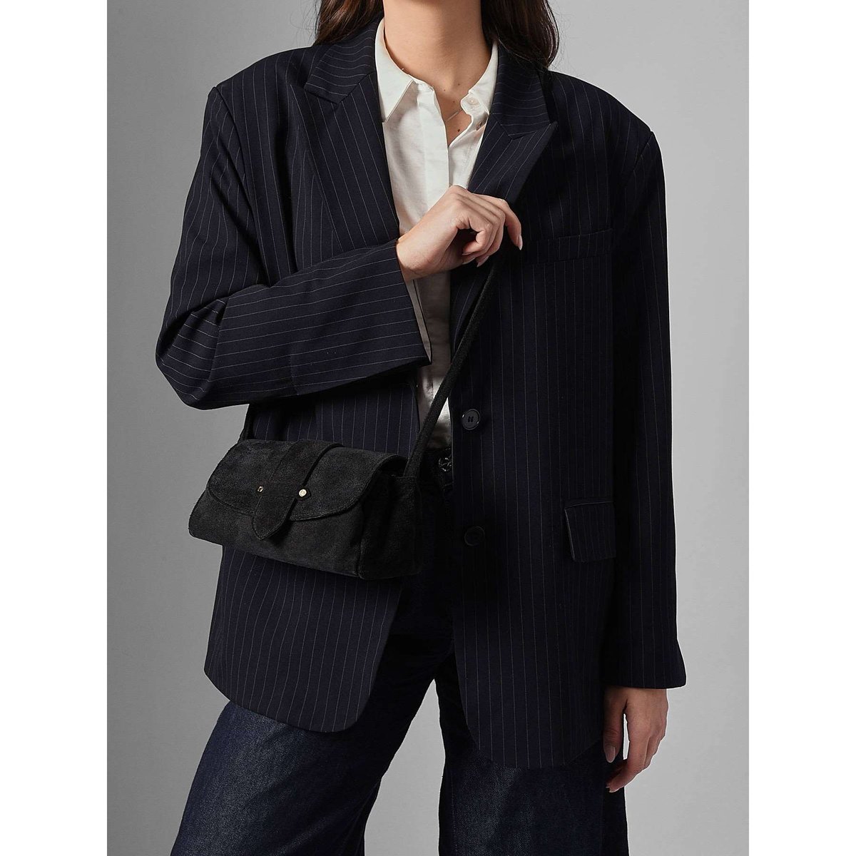 Sac bandoulière S Agnes cuir velours noir, ETRIER