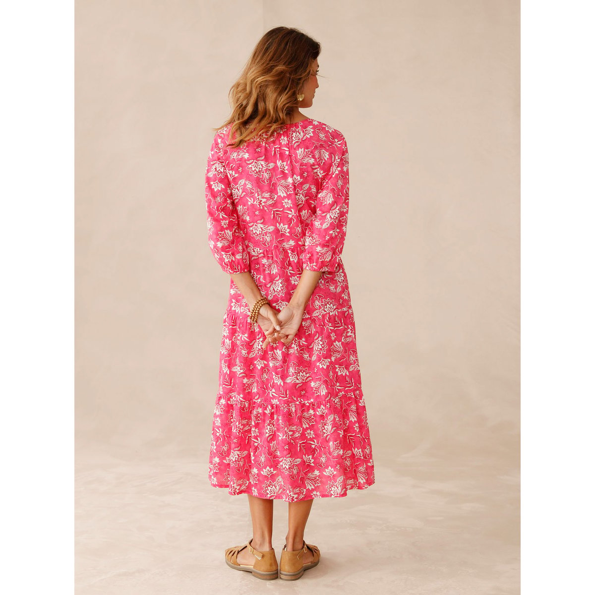 Robe longue volantée femme imprimé fond rose, DAXON
