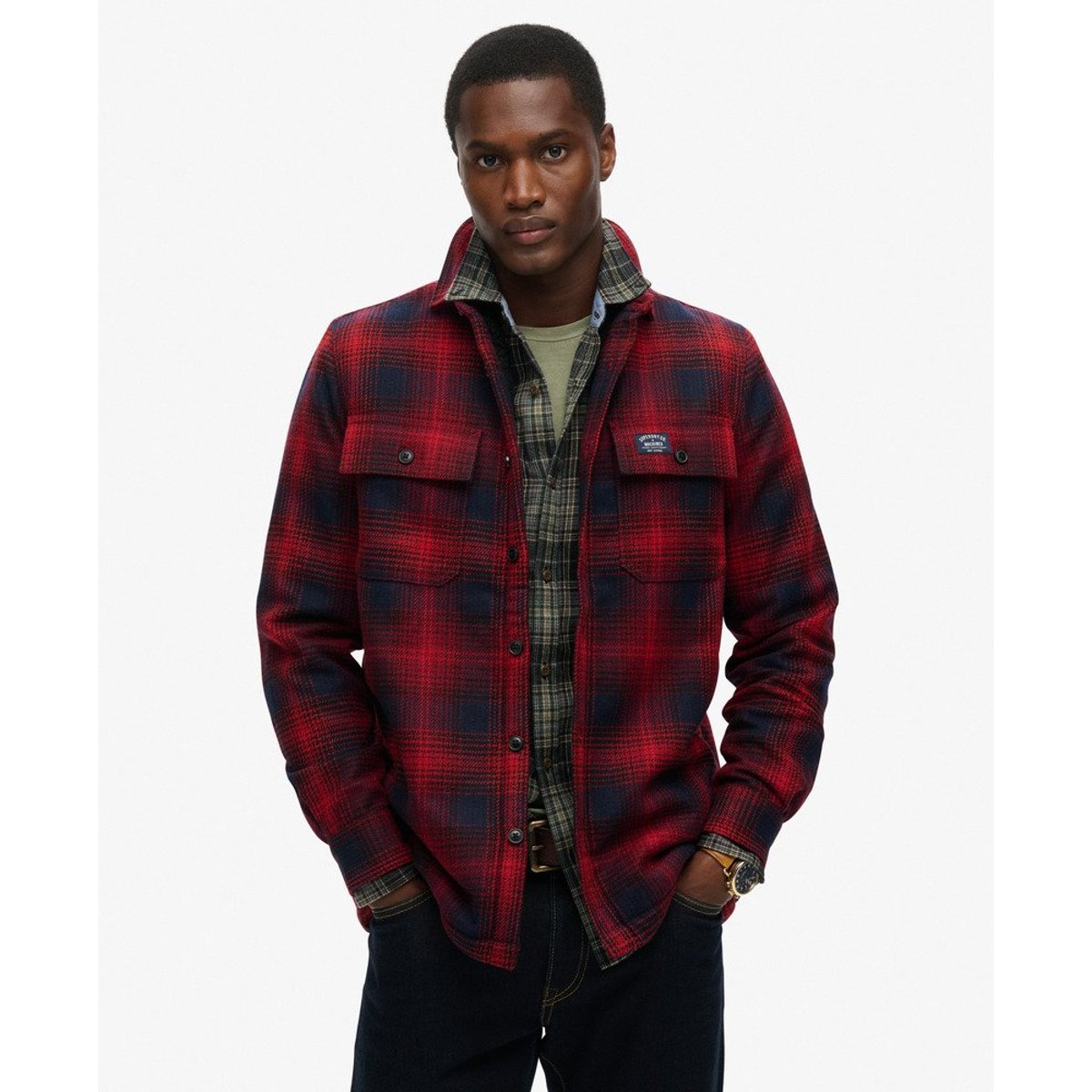 Surchemise zippée en laine à carreaux avec doublure en polaire dégradé rouge over, SUPERDRY