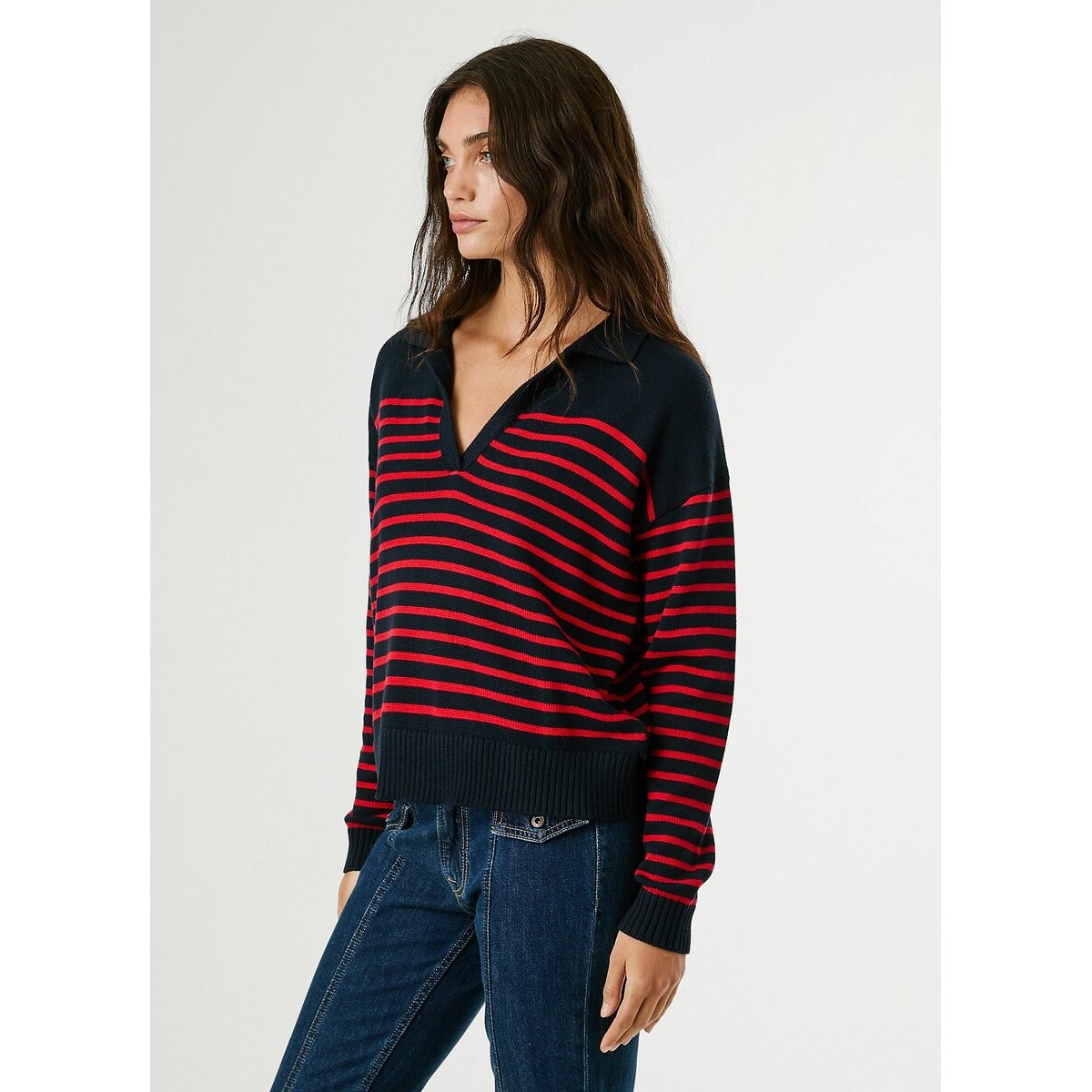 Pull col polo à rayures CARLINA bleu/rouge, PEPE JEANS