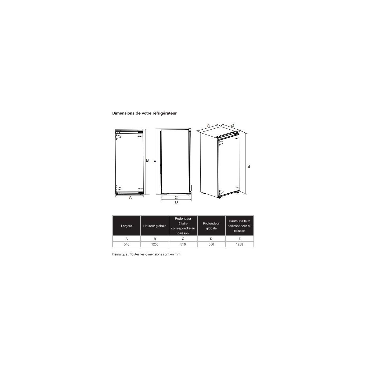 Réfrigérateur 1 porte encastrable ERLI125-55miB1 couleur unique, ESSENTIEL B