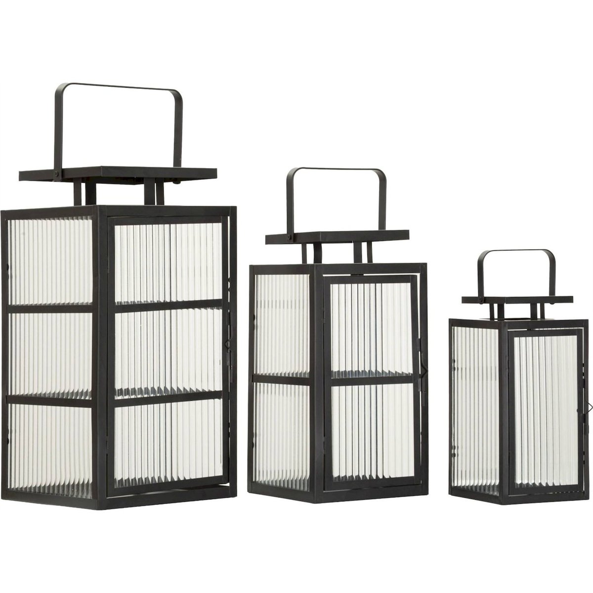 Lot de 3 lanternes en métal et verre strié noir et verre transparent, RECOLLECTION