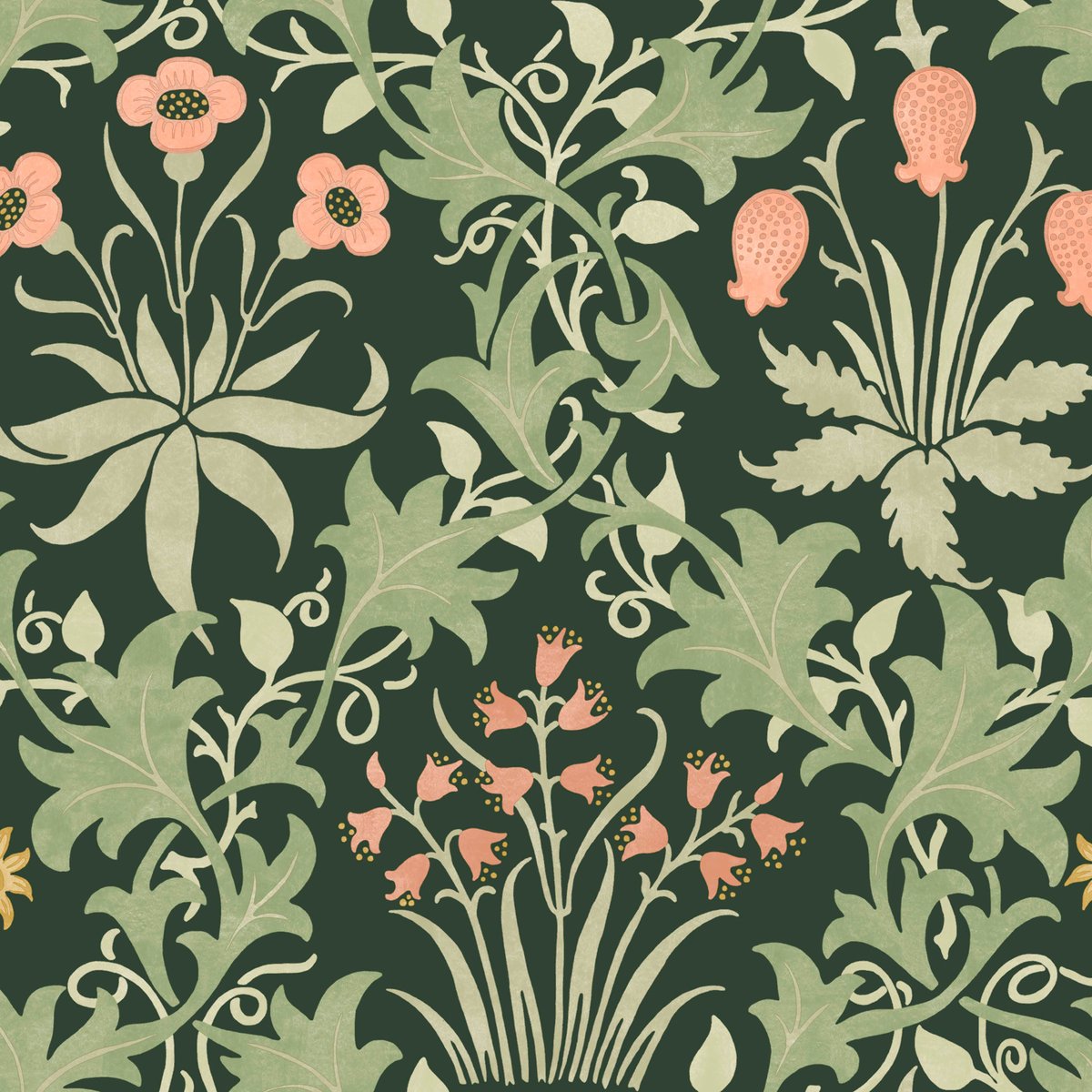 Papier peint fleuri Celandine Forest vert, corail, ocre, WILLIAM MORRIS AT HOME