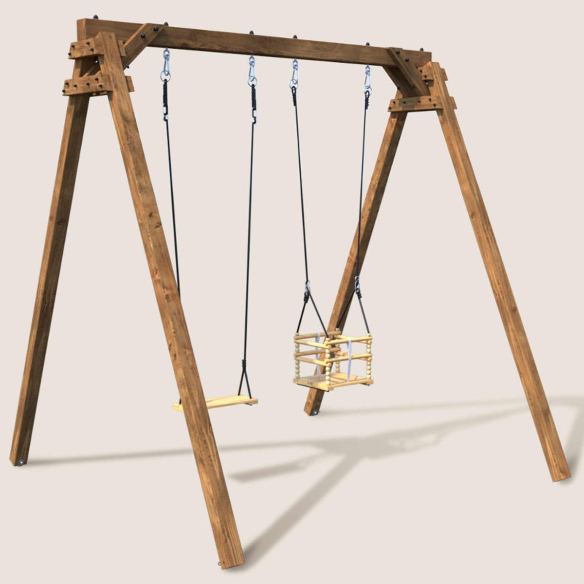 Portique en bois carré 2 agrès avec balançoire bébé AMBRE marron, SOULET
