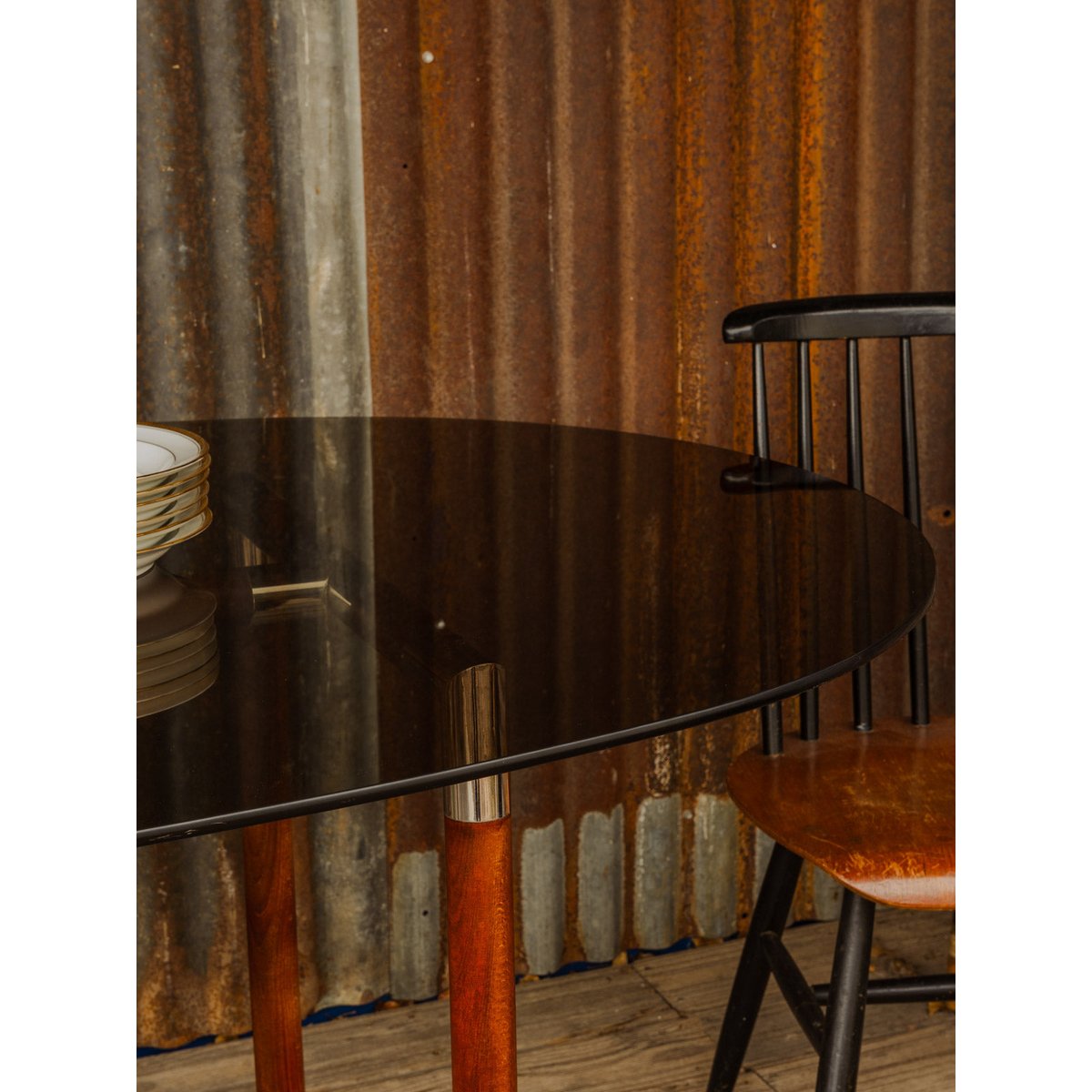 Table à manger en verre et bois Karla N°1299 - Bon état transparent, DEBONGOUT