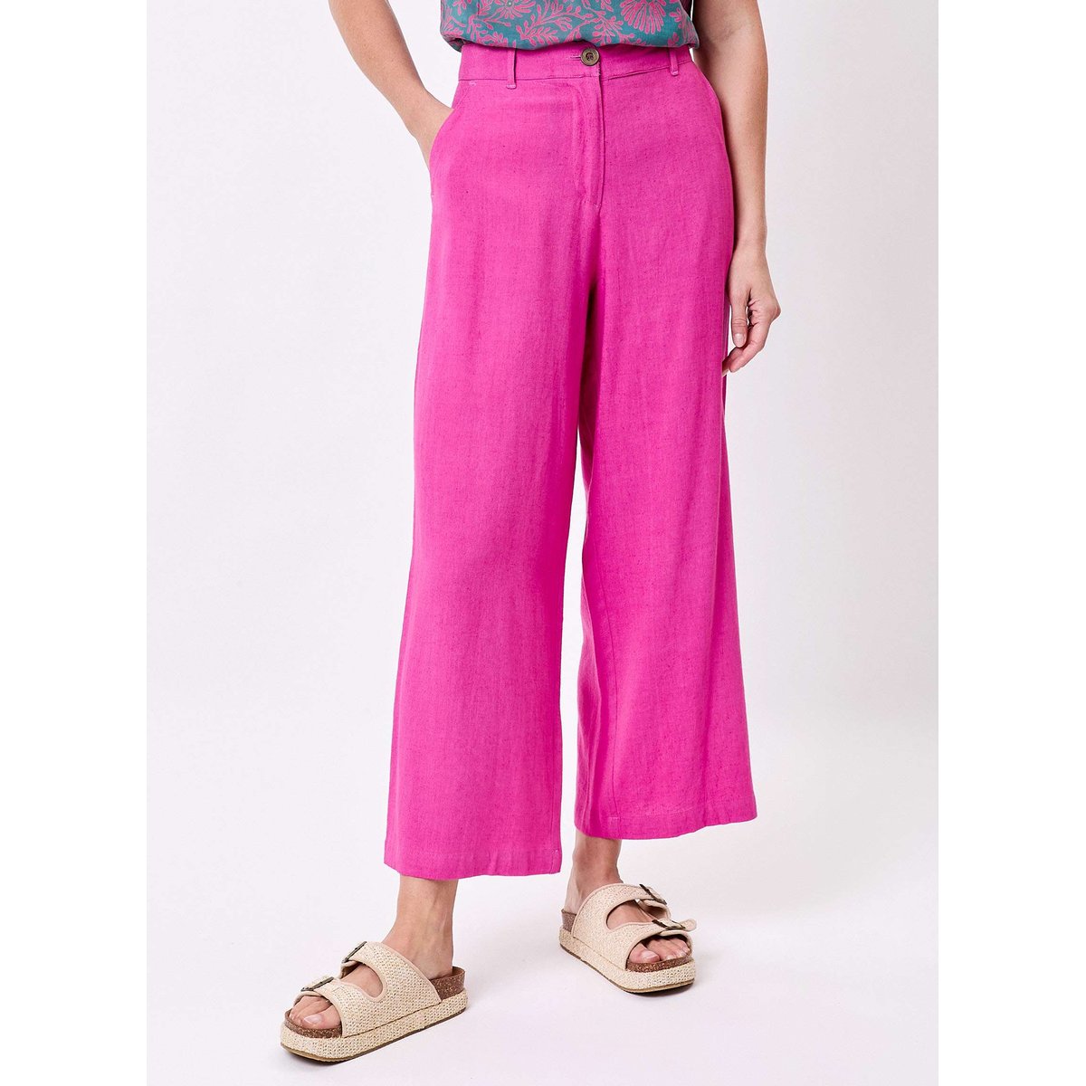 Pantalon large viscose lin 7/8 AMELIA rose dahlias, LA FIANCÉE