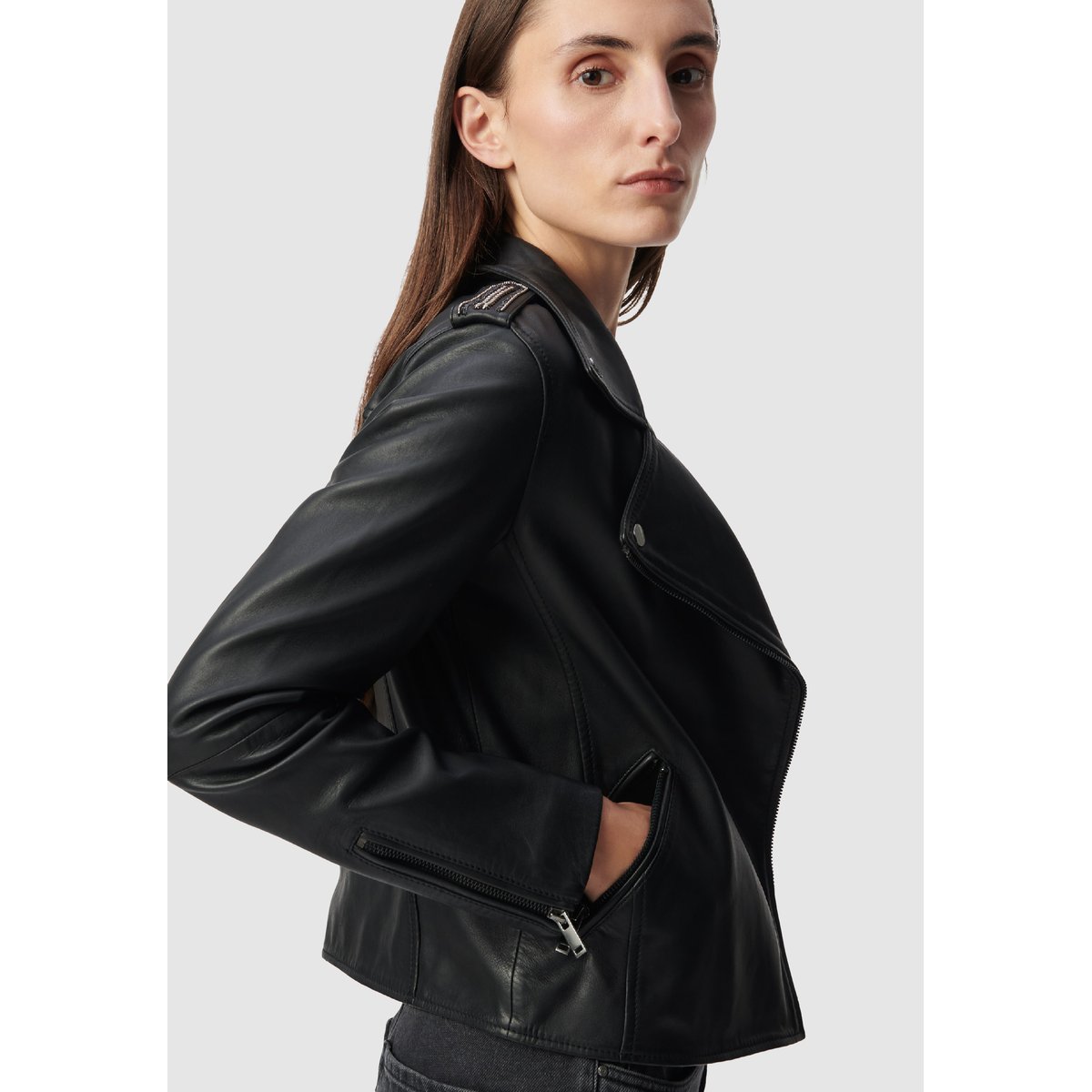 Blouson cuir d'agneau à capuche amovible noir, IKKS