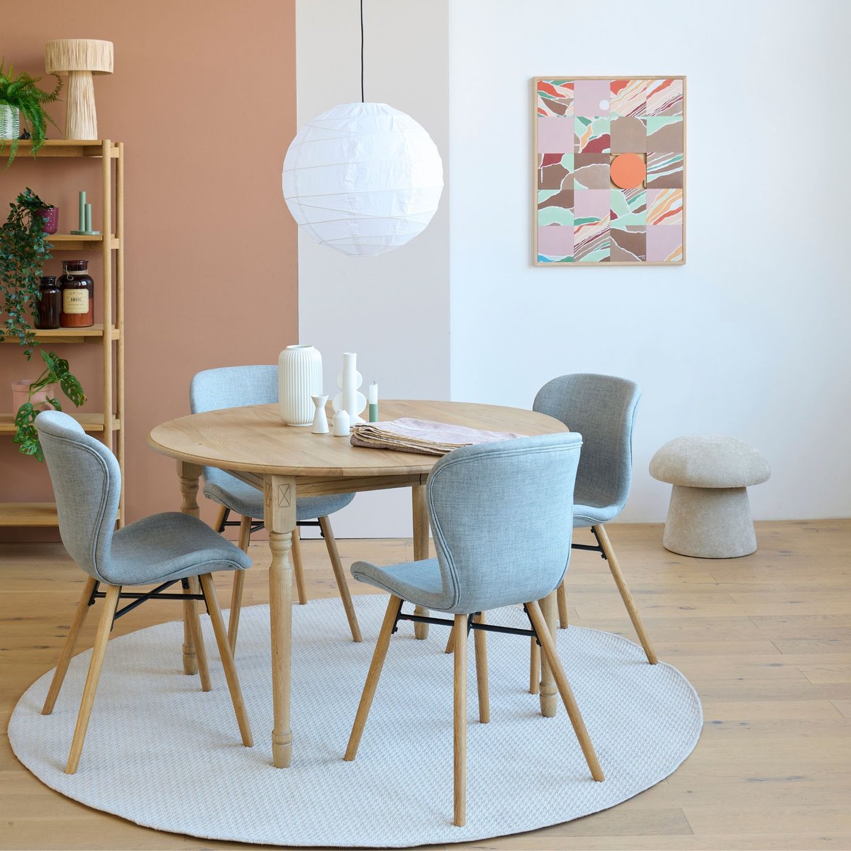 Table ronde extensible pieds tournés D105 + 4 chaises tissu - VICTORIA gris clair, HELLIN, DEPUIS 1862