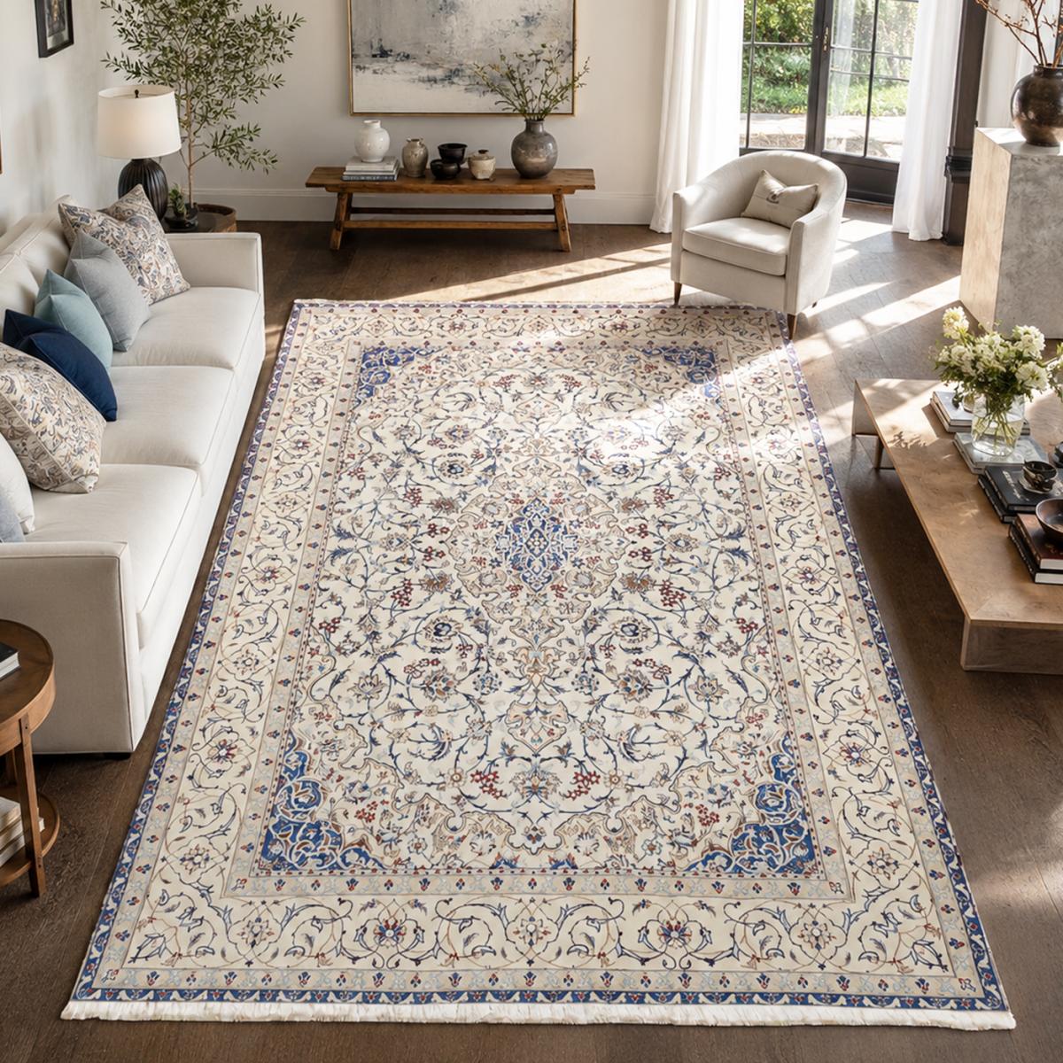 Tapis d'orient, motif oriental noué main en laine et soie crème, bleu, rouge, UN AMOUR DE TAPIS