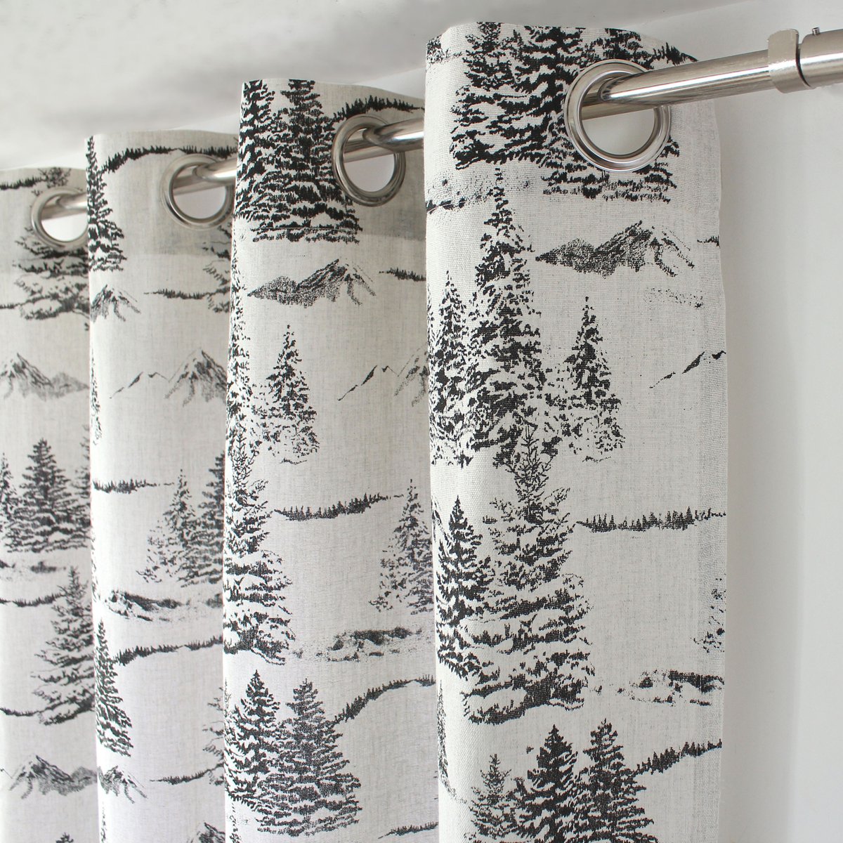 Rideau imprimé montagne en coton recyclé gris anthracite, HOME MAISON