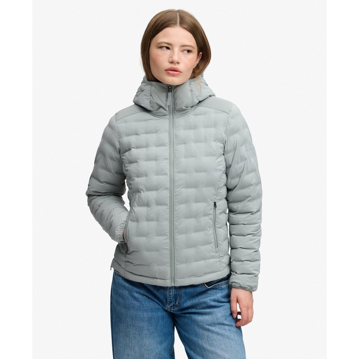 Doudoune Hooded Heat Weld Coupe Ajustée texture gris pâle, SUPERDRY