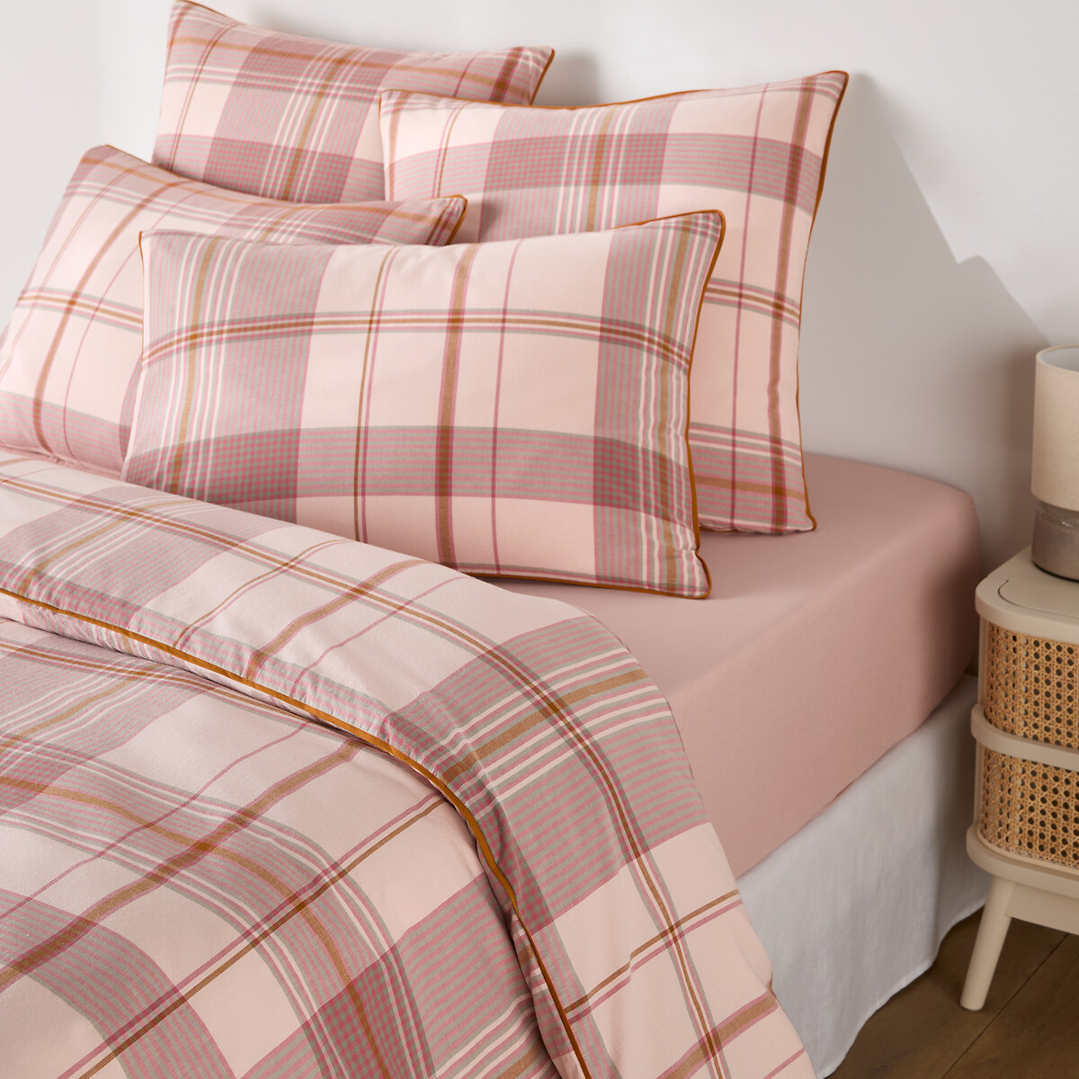 Housse de couette en coton lavé, carreaux en tissé-teint, DOLLON carreaux fond rose, LA REDOUTE INTERIEURS