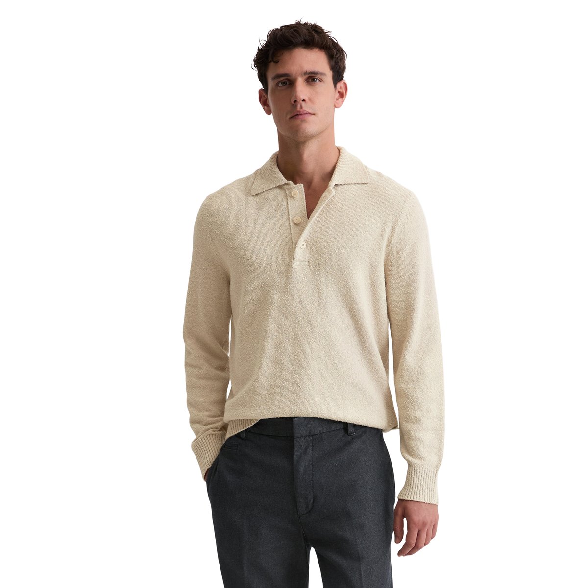 Pull polo regular en bouclette de coton bio beige, MARC O'POLO