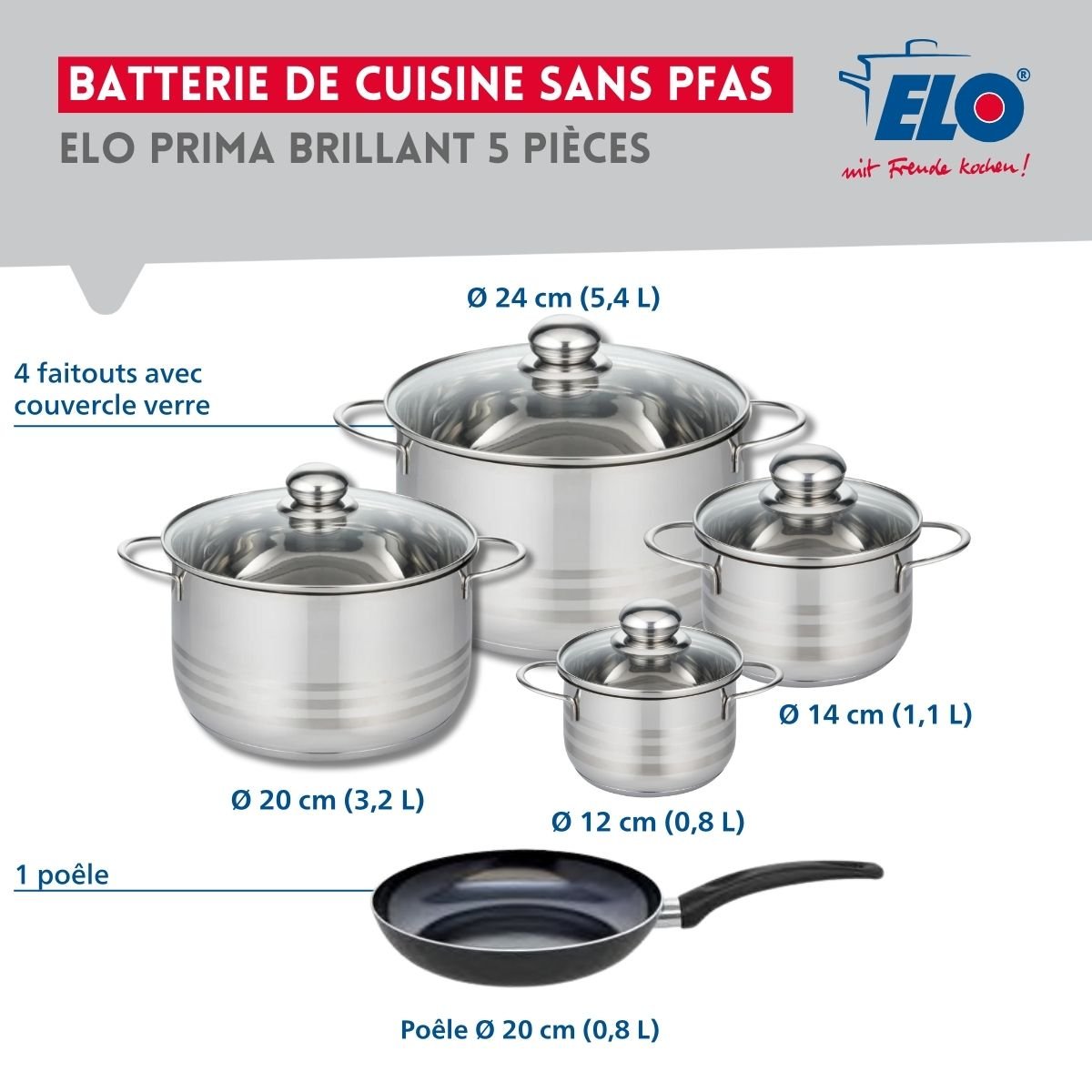 Batterie 1 poêle 20cm + 4 faitouts 12/14/20/24cm PRIMA BRILLANT noir, ELO
