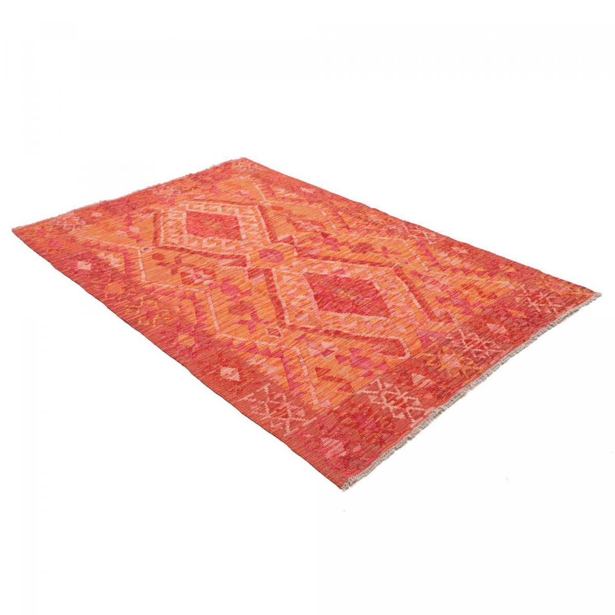 Tapis kilim, motif ethnique, tissé plat en laine, KILIM 97 orange, rose, rouge, UN AMOUR DE TAPIS