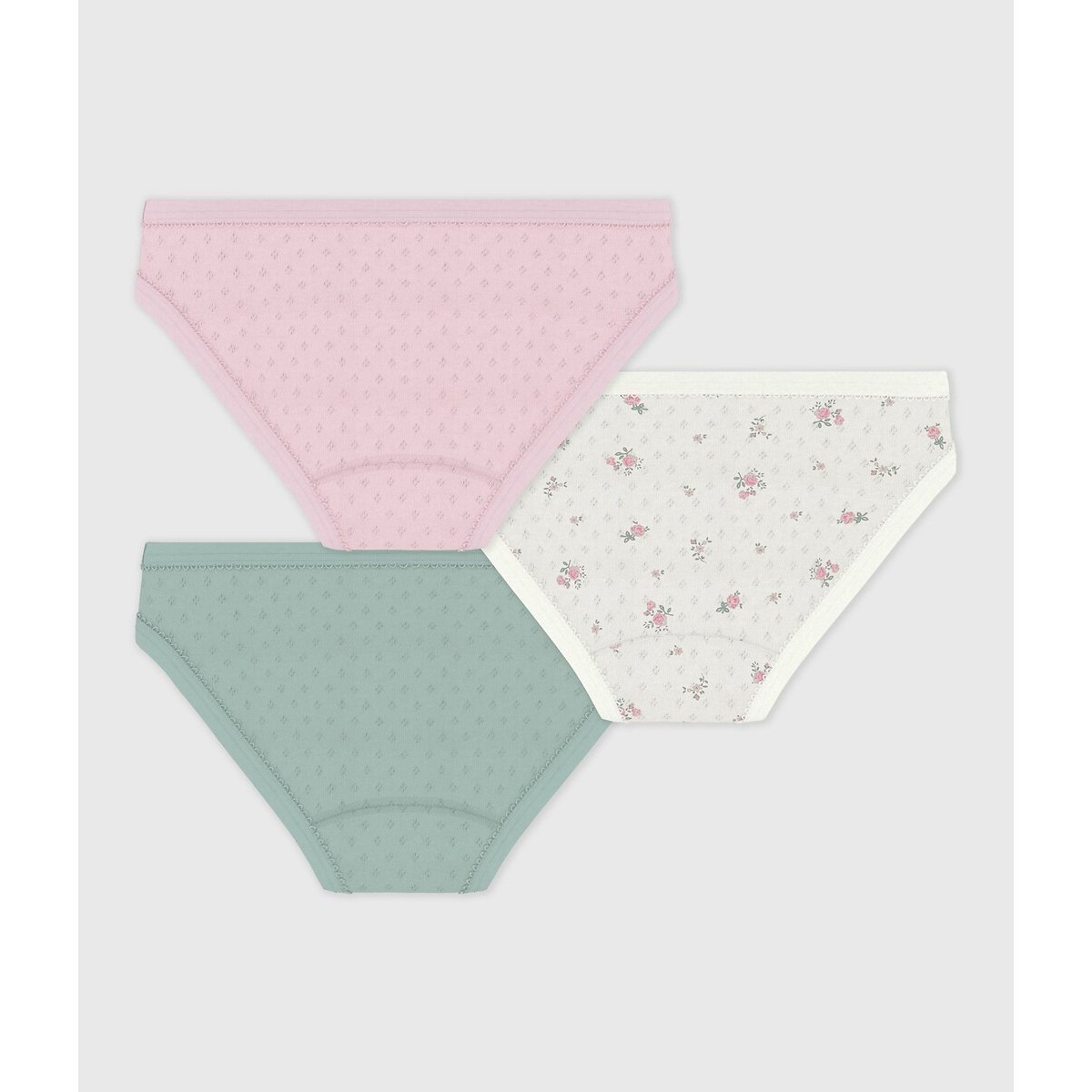 Lot de 3 culottes, en coton ajouré, imprimé fleuri blanc + rose + vert, PETIT BATEAU