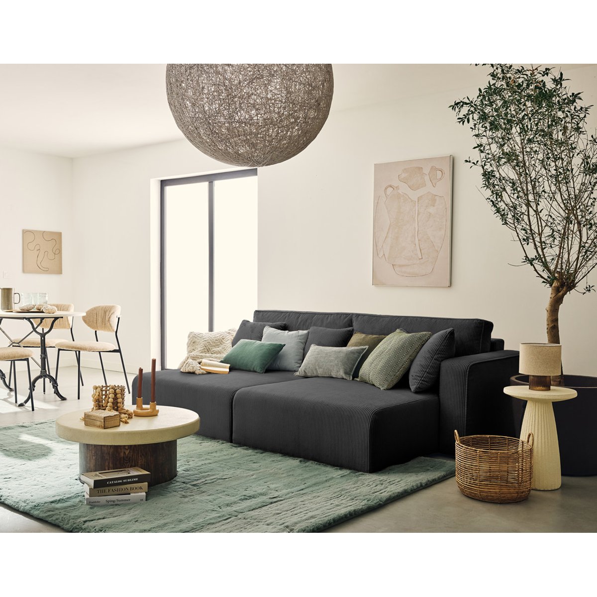 Topaze - Canapé droit 4 places avec double méridienne - assise profonde - en velours côtelé gris, BEST MOBILIER