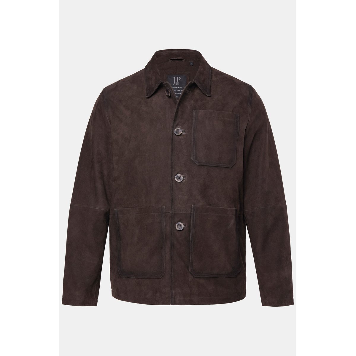 Veste en cuir de chèvre suédé. col chemise marron foncé, JP1880