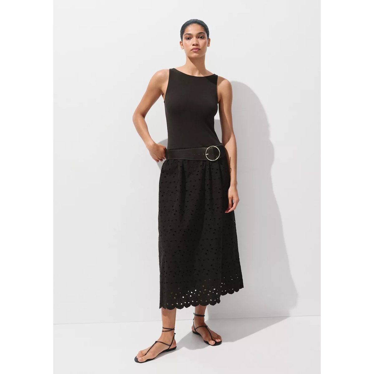 Robe combinée broderie ajourée marron, MANGO
