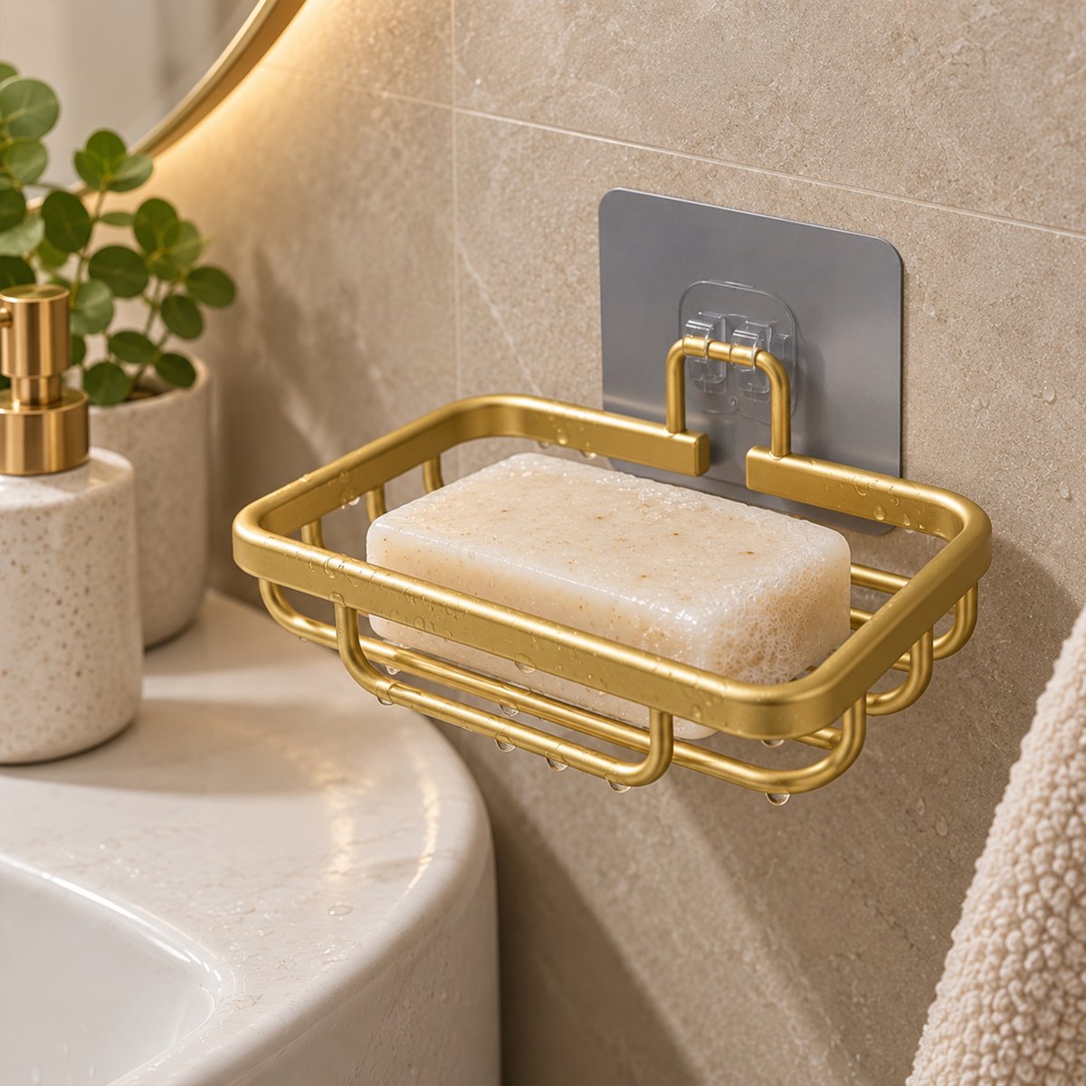 Porte-savon de douche adhésif en aluminium filaire sans perçage jaune, DOUCEUR D'INTÉRIEUR