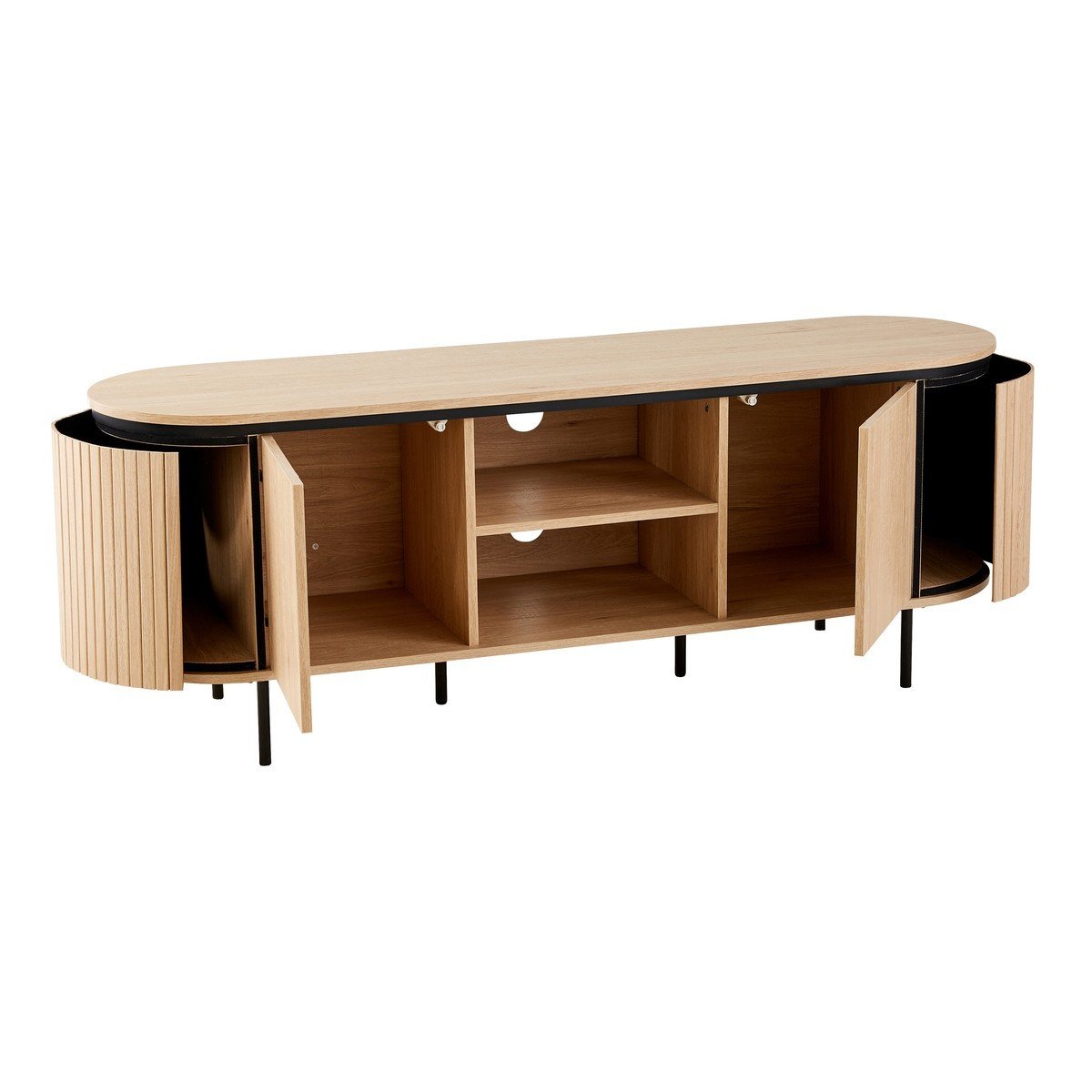 Meuble TV 2 portes avec côtés effet rainuré L150 cm - MALAGA bois clair, CALICOSY