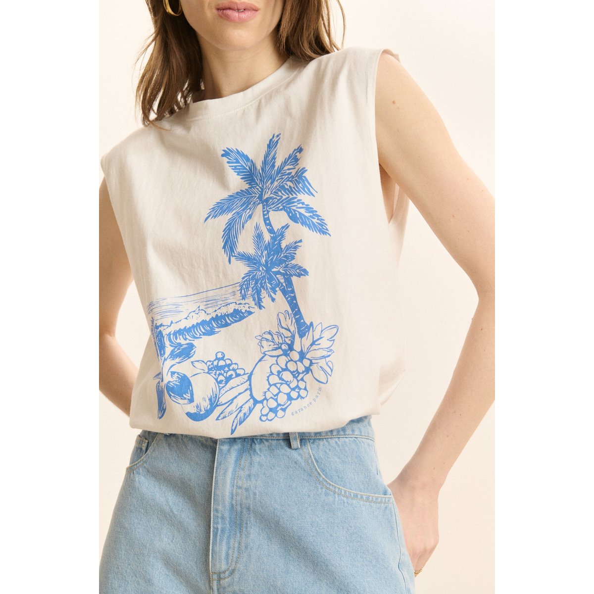 T-shirt sans manches imprimé PALMIER blanc, GARANCE PARIS