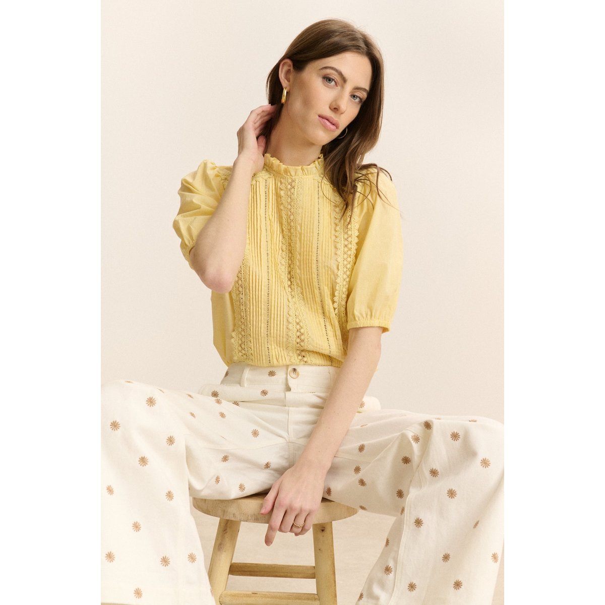 Pantalon en denim brodé VICTORINE blanc, GARANCE PARIS
