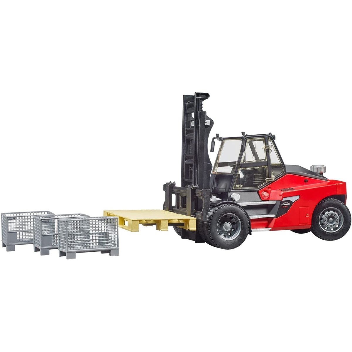 Chariot élévateur Linde HT160D avec palette et 3 gitterbox multicolore, BRUDER