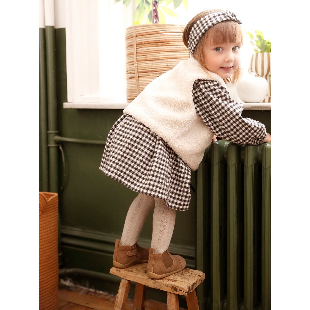 Ensemble 3 pièces bébé robe vichy + gilet + bandeau ATELIER carreaux noir, VERTBAUDET