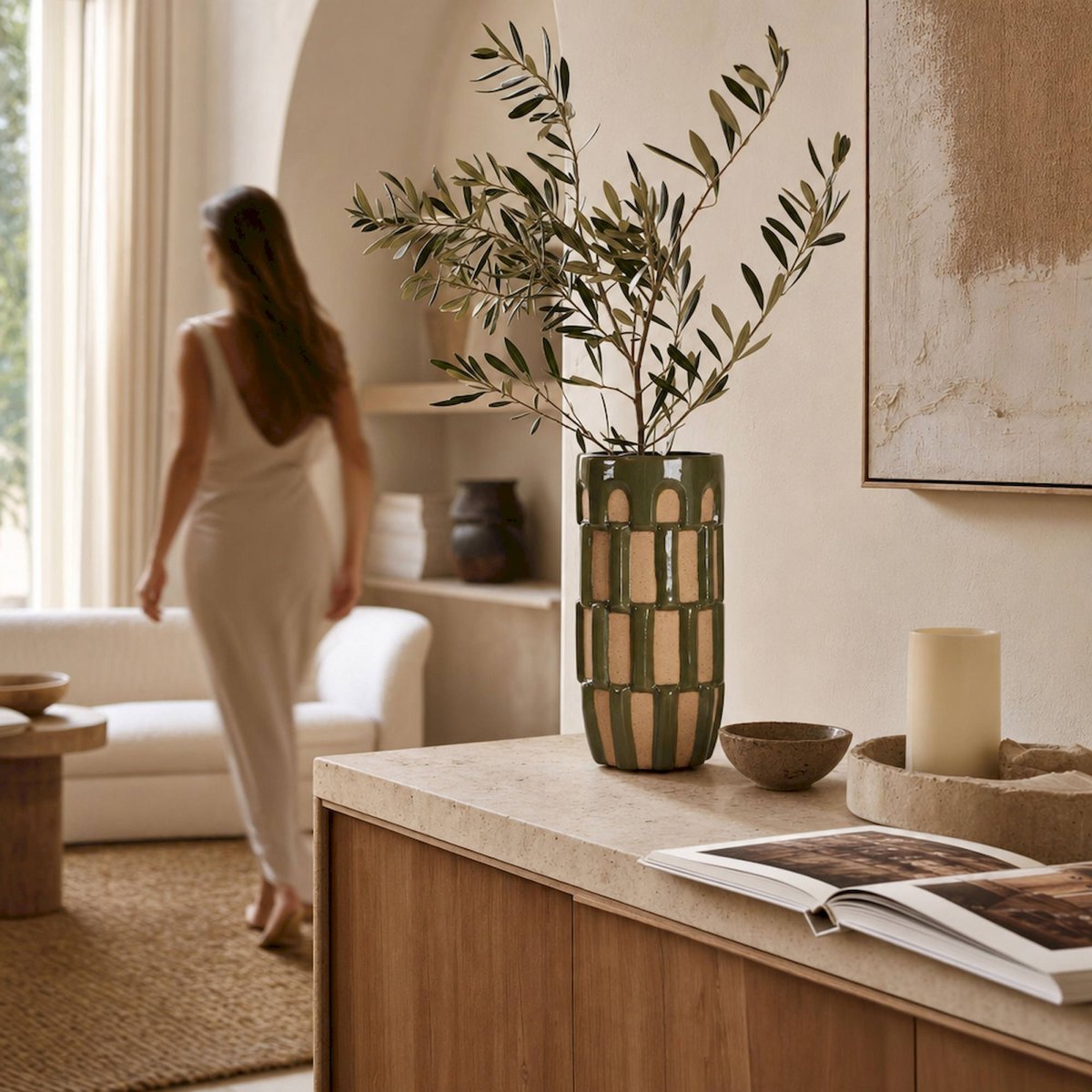 Vase collection ziggy en céramique vert et beige, RECOLLECTION