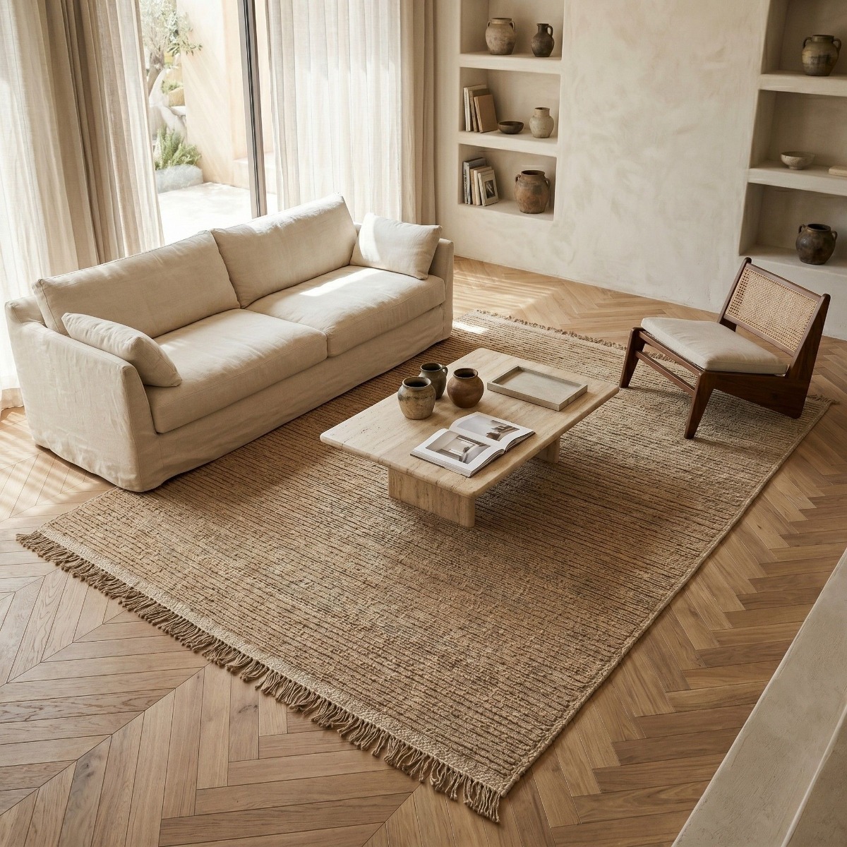 Tapis en jute artisanal avec franges JUTE NATUREL - style bohème beige, THE DECO FACTORY