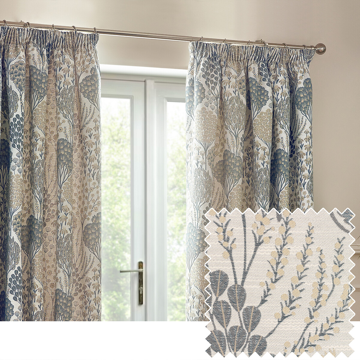 Ophelia Pencil Pleat Curtains blue print, WYLDER