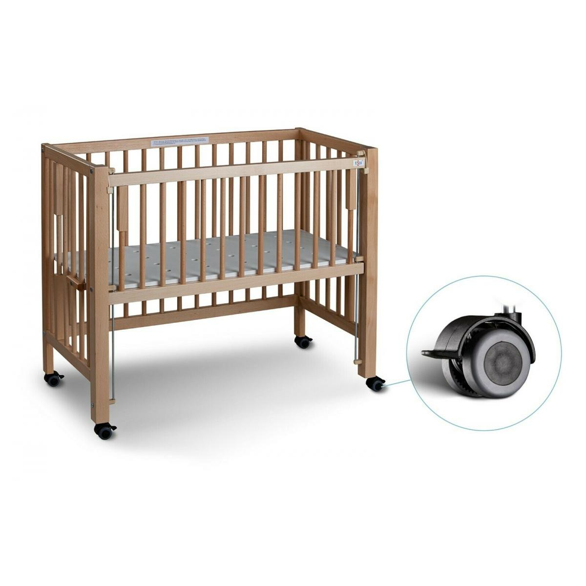 Lit bébé à barreaux cododo Maxi Boxspring en hêtre massif naturel 50x90 cm couleur unique, TISSI