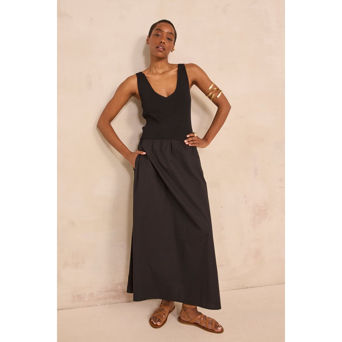 Robe trapèze bi-matières BYS noir, Maison 123