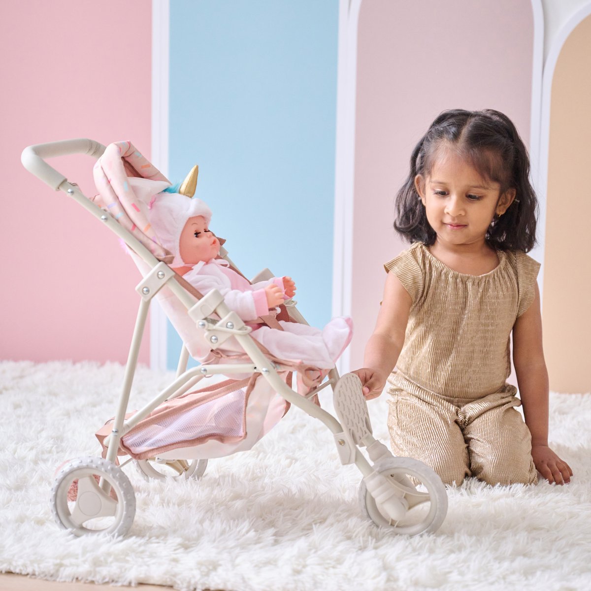 Poussette jogging avec accessoires harnais et panier beige, TEAMSON KIDS