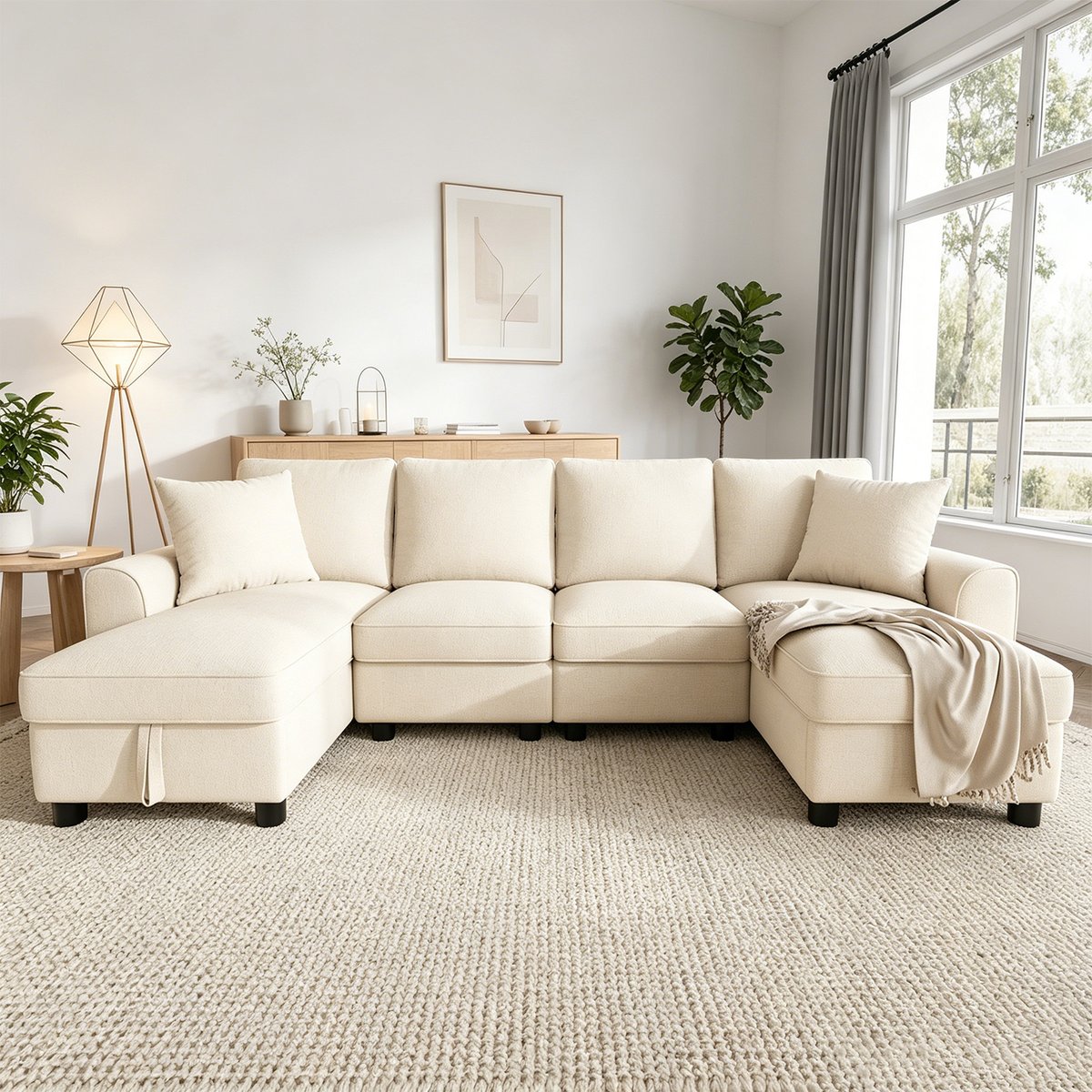 Canapé d'angle U coffre de rangement en chenille, VASEC beige, MEUBLES COSY