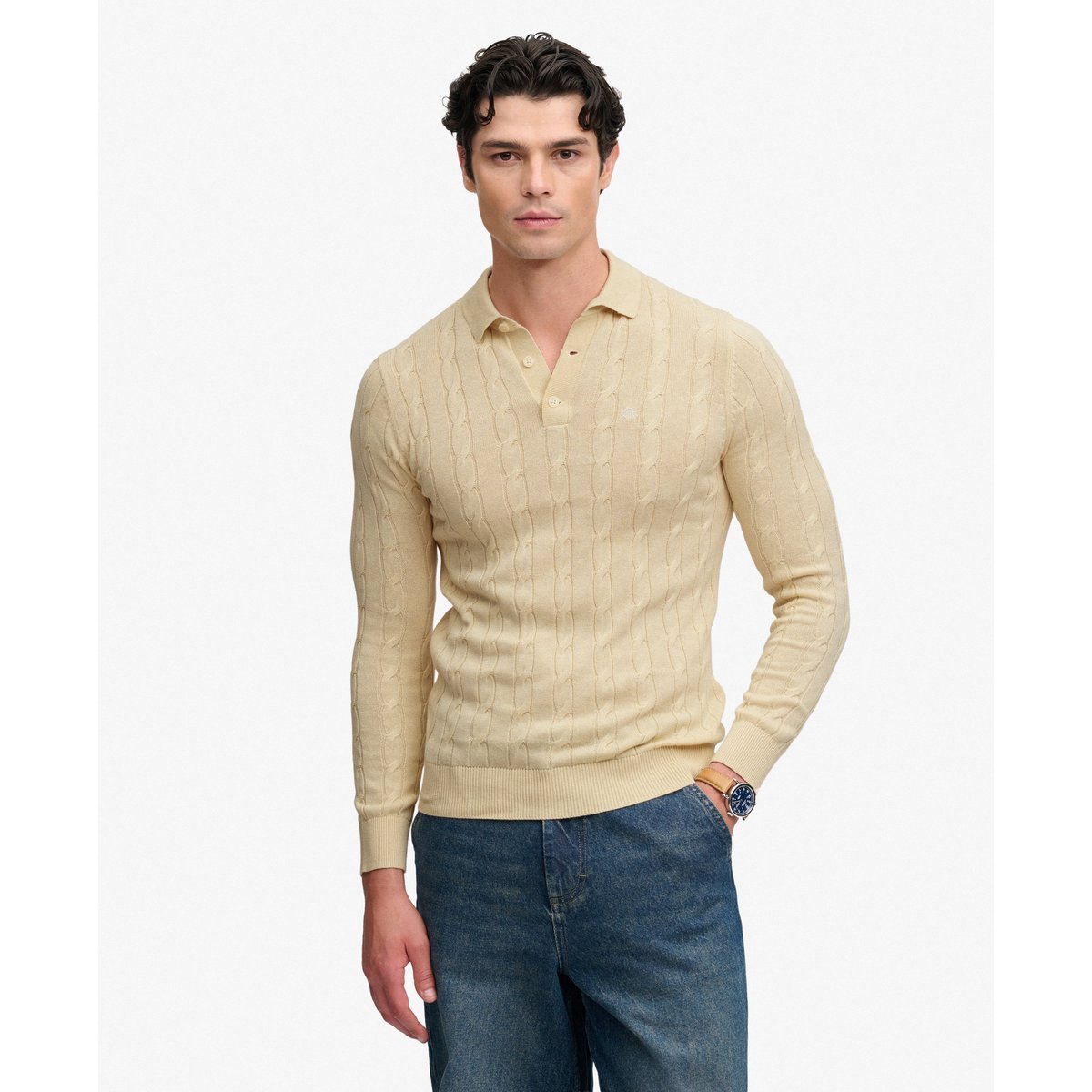 Polo Maille Torsadée Manches Longues Coupe Décontractée beige avoine, SUPERDRY