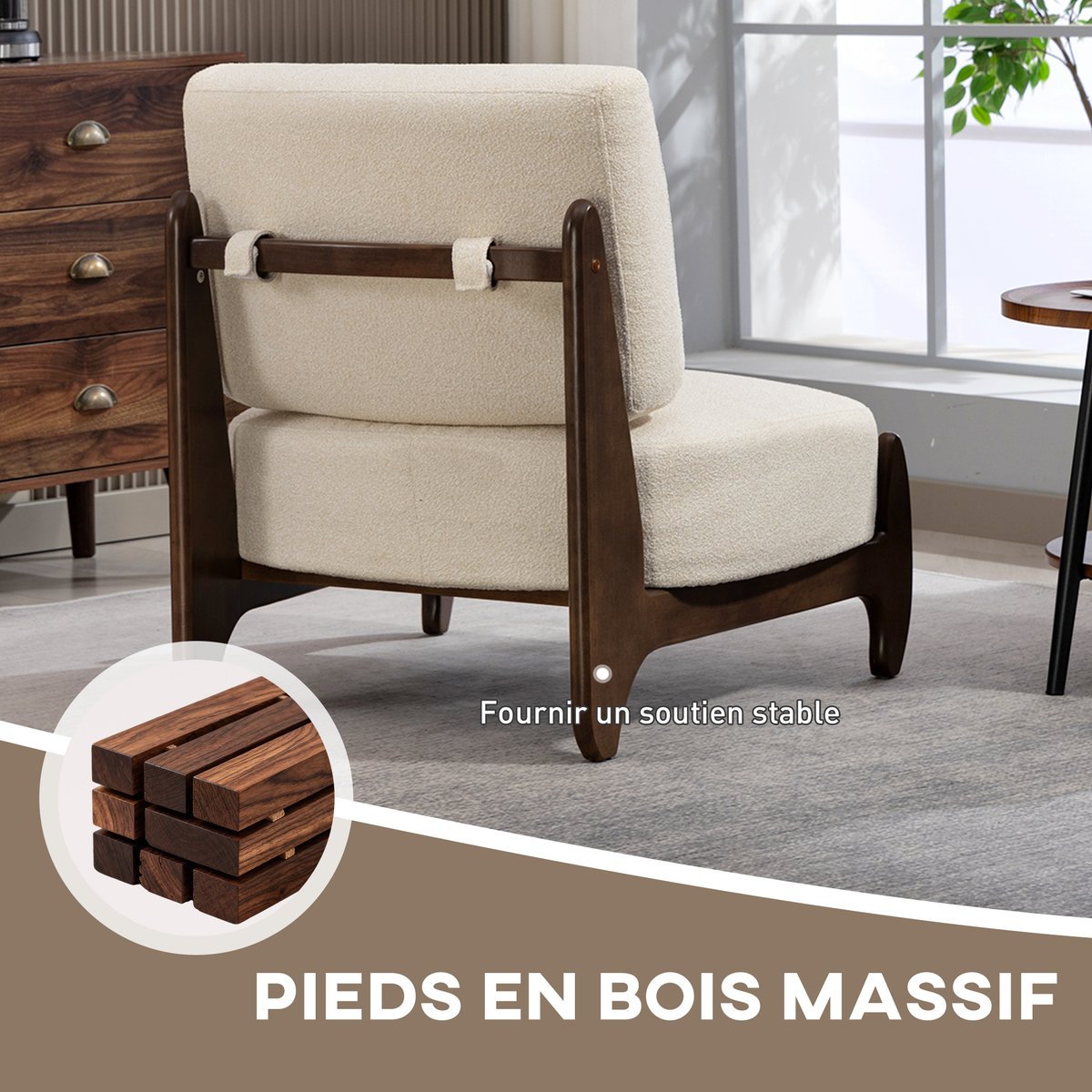 Accent Chair Chenille (100% polyester) Crème crème, bois clair, HOMCOM