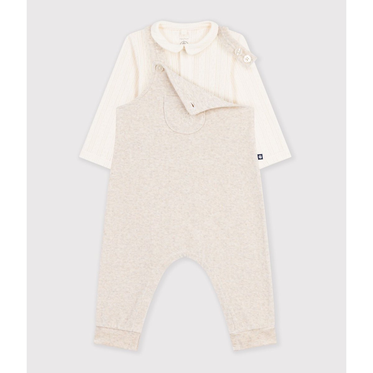 Set da 2 pezzi, salopette con bretelle e body a maniche lunghe beige/écru, PETIT BATEAU