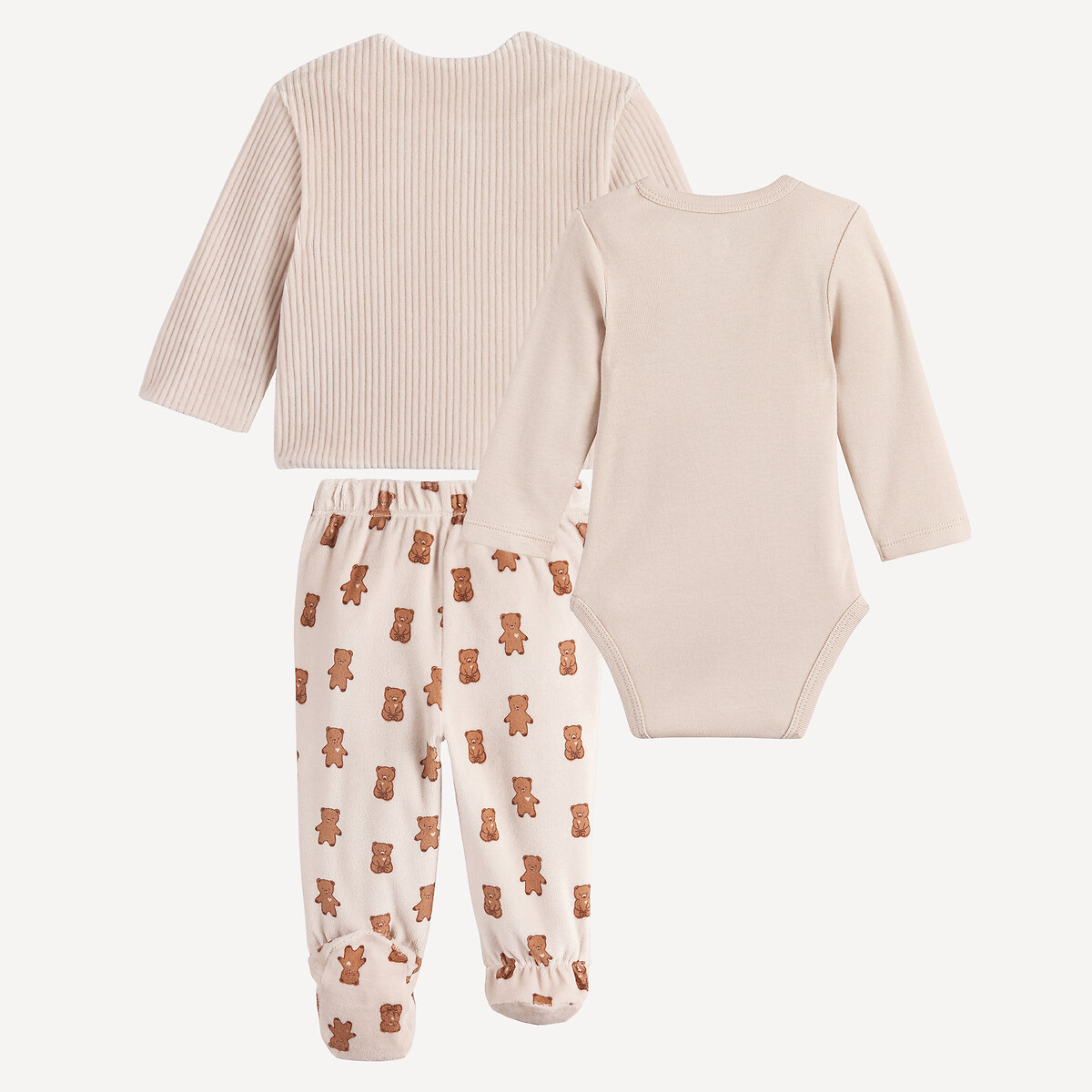 Kit de nacimiento de 3 piezas, bodi, chaqueta y polainas, estampado de osito de peluche combinados, LA REDOUTE COLLECTIONS