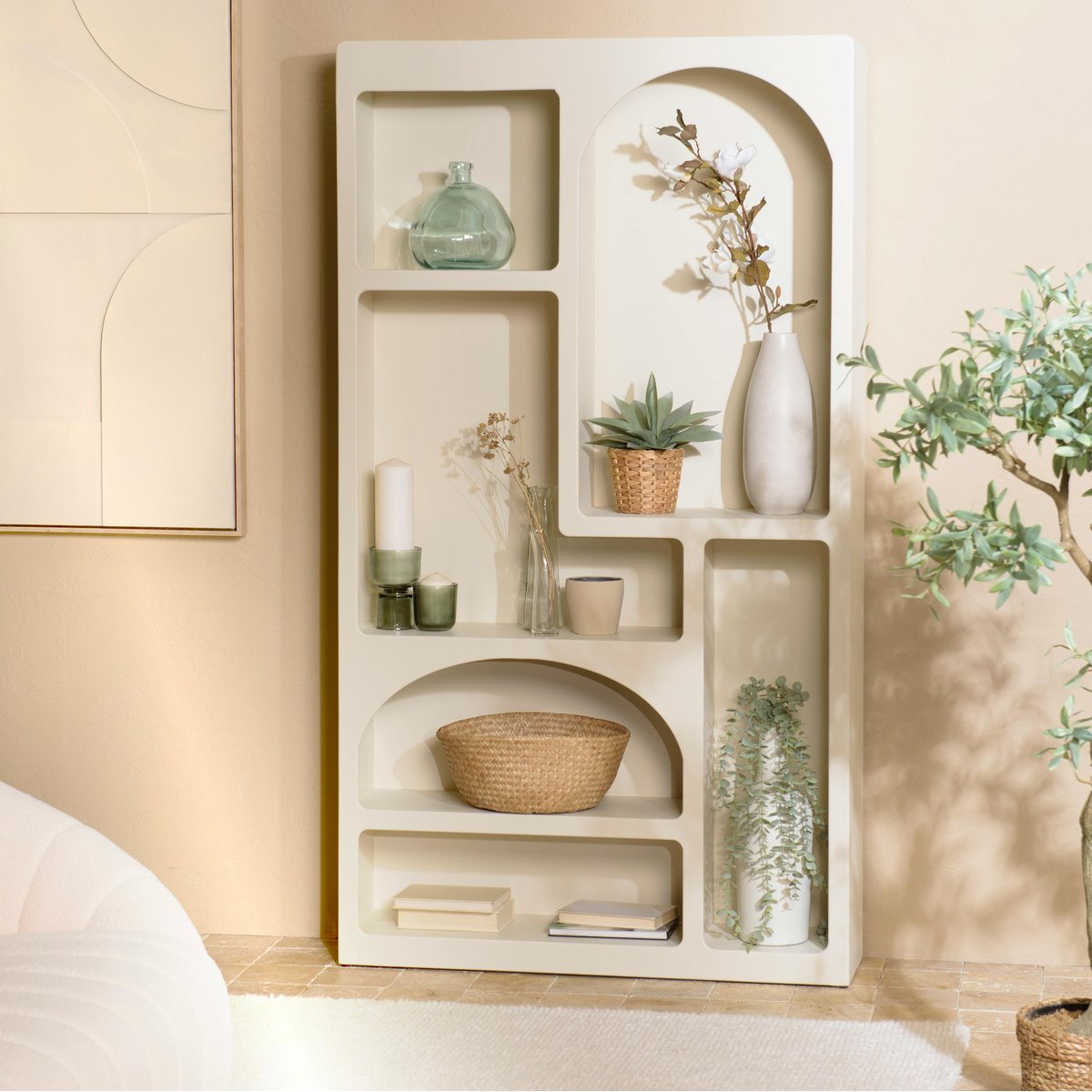 Etagère 6 niches 100x26cm en bois peint couleur beige NELIA beige, PIER IMPORT