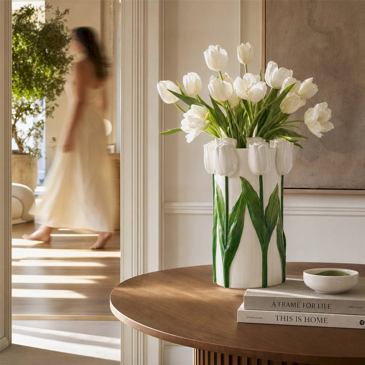 Cache-pot tulipe en céramique blanc et vert, RECOLLECTION