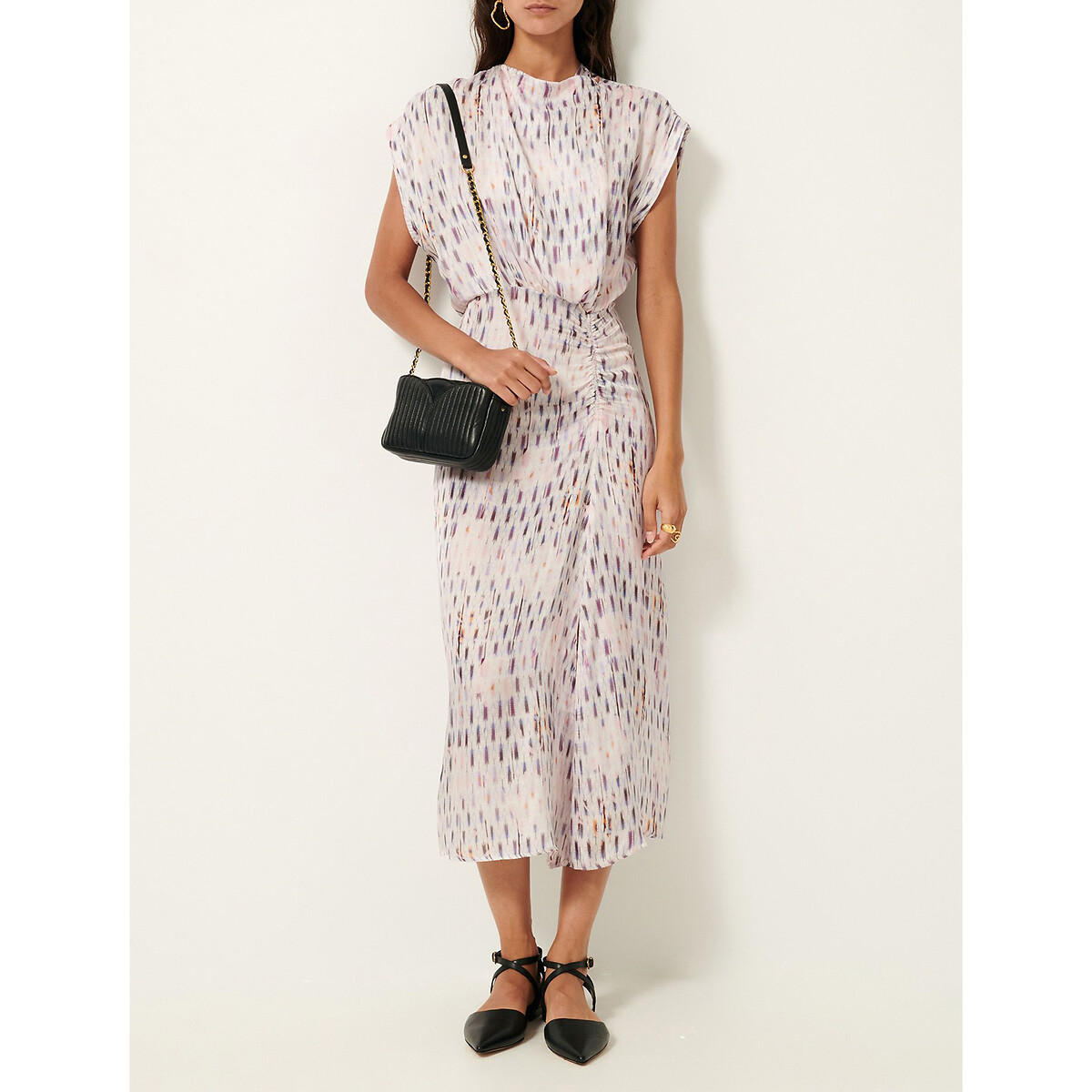 Buenasera Printed Midi Dress with Short Sleeves pink print, SESSUN