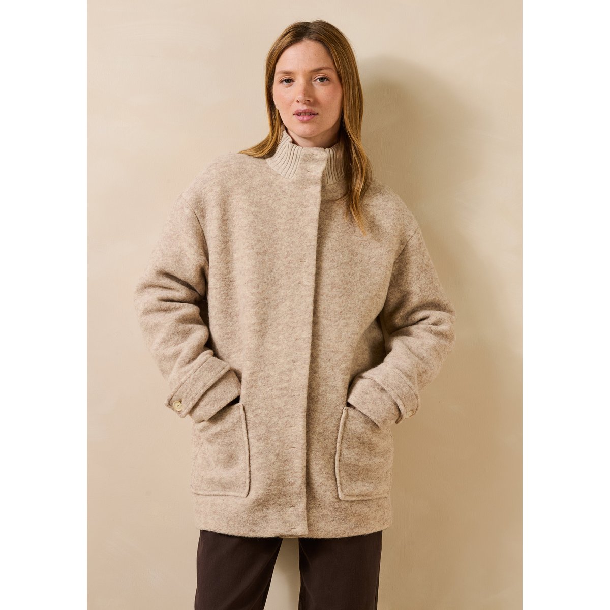 Manteau 3/4 doublé en laine mélangée ecru chine, LA FEE MARABOUTEE