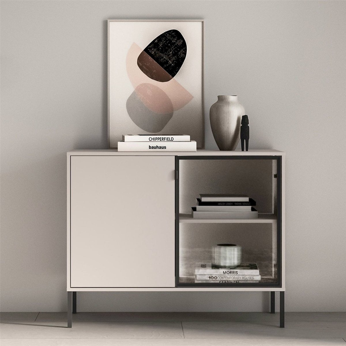 Buffet vitrine bois collection BARNEE, LED cachemire, RECOLLECTION