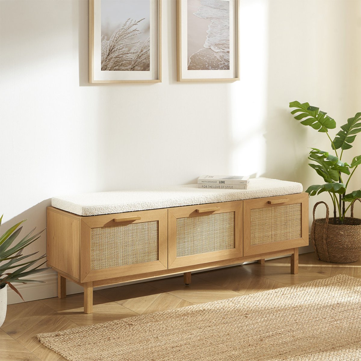 Banc d'entrée avec rangement à chaussures en bois et cannage L140cm- JUNE bois clair, DRAWER